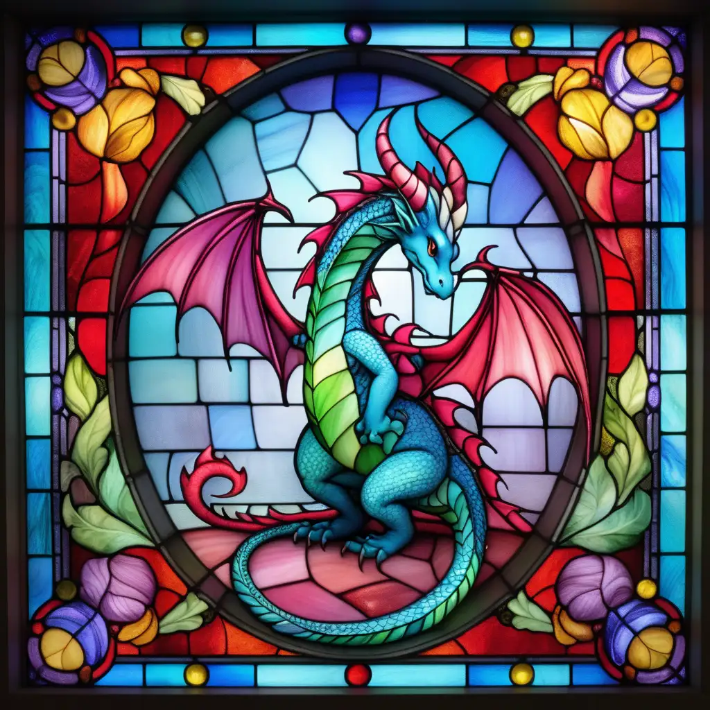 a stained glass window of a dragon in the style of nicoletta Ceccoli and Mary Ryden ,  colourful.