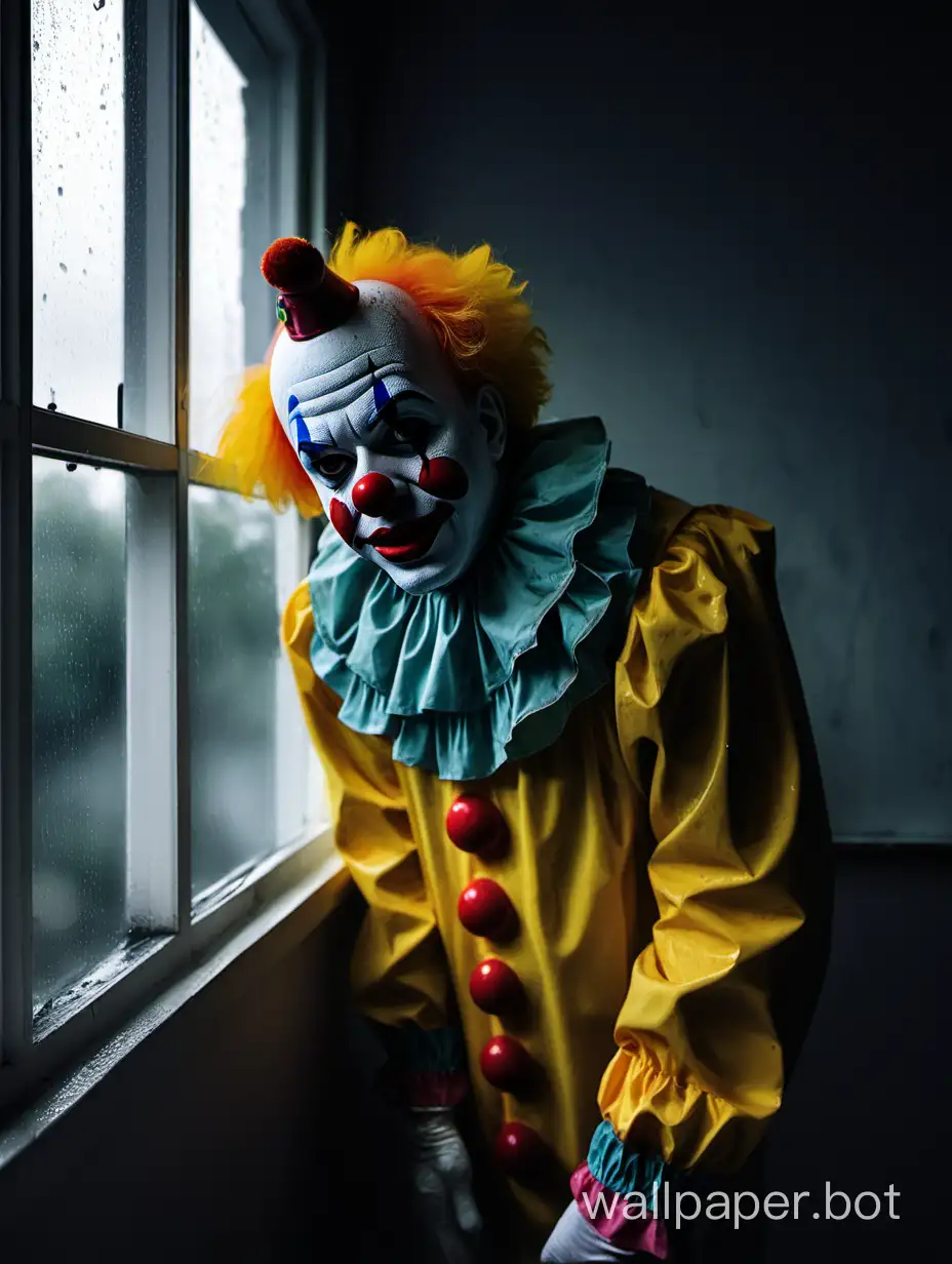 Rainy day, the clown in the dim indoor by the window feels melancholic.