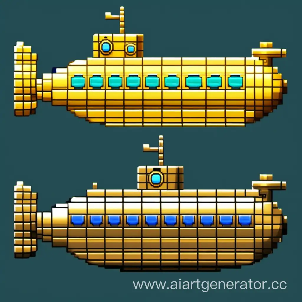 pixel model of a gold submarine for a 2d android game 