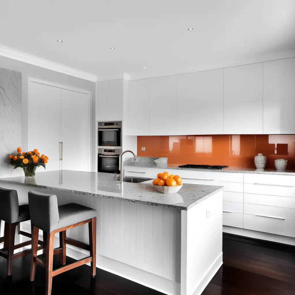 kitchen with white shaker style cabinets, dark wooden floor, light grey granite benchtops and pale orange splashback
