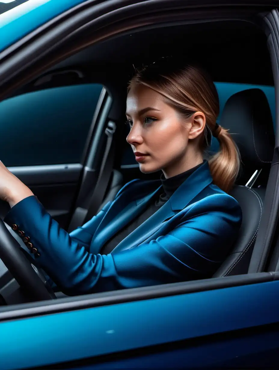 Elegant Woman Driving Car in Moody Blue Ambiance