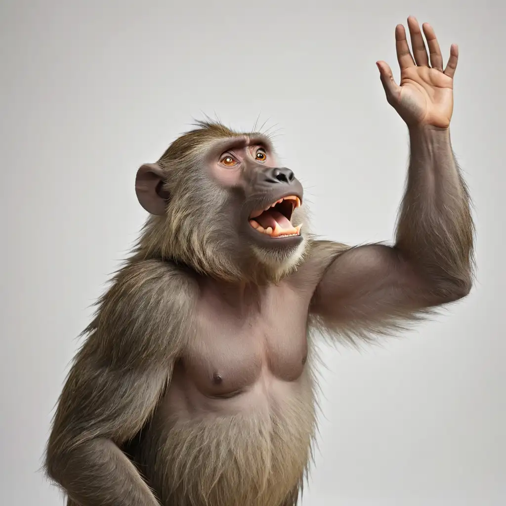 A BABOON RAISING THE HAND WITH OPENED PALM IN CLEAR WHITE BACKGROUND, MAKE IT CLEAN