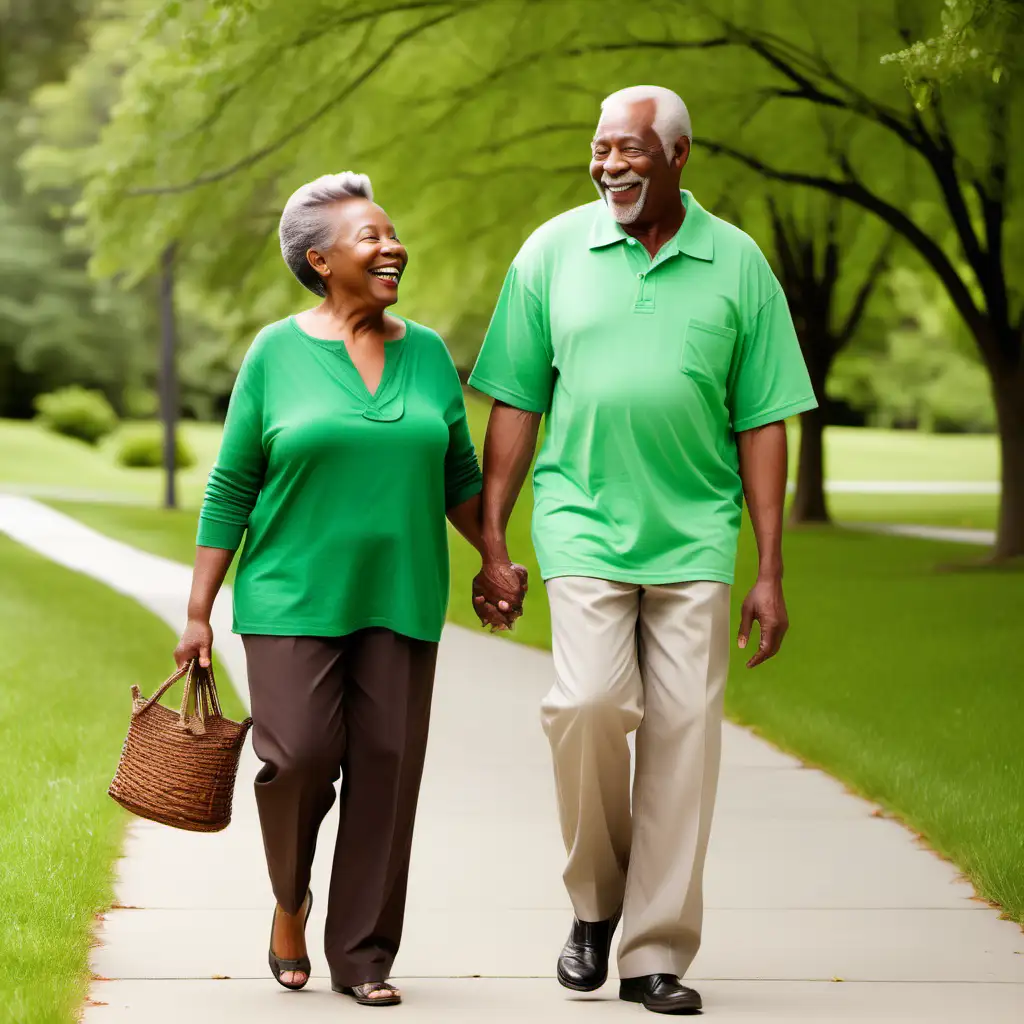 retired black couple, green, happy, walking