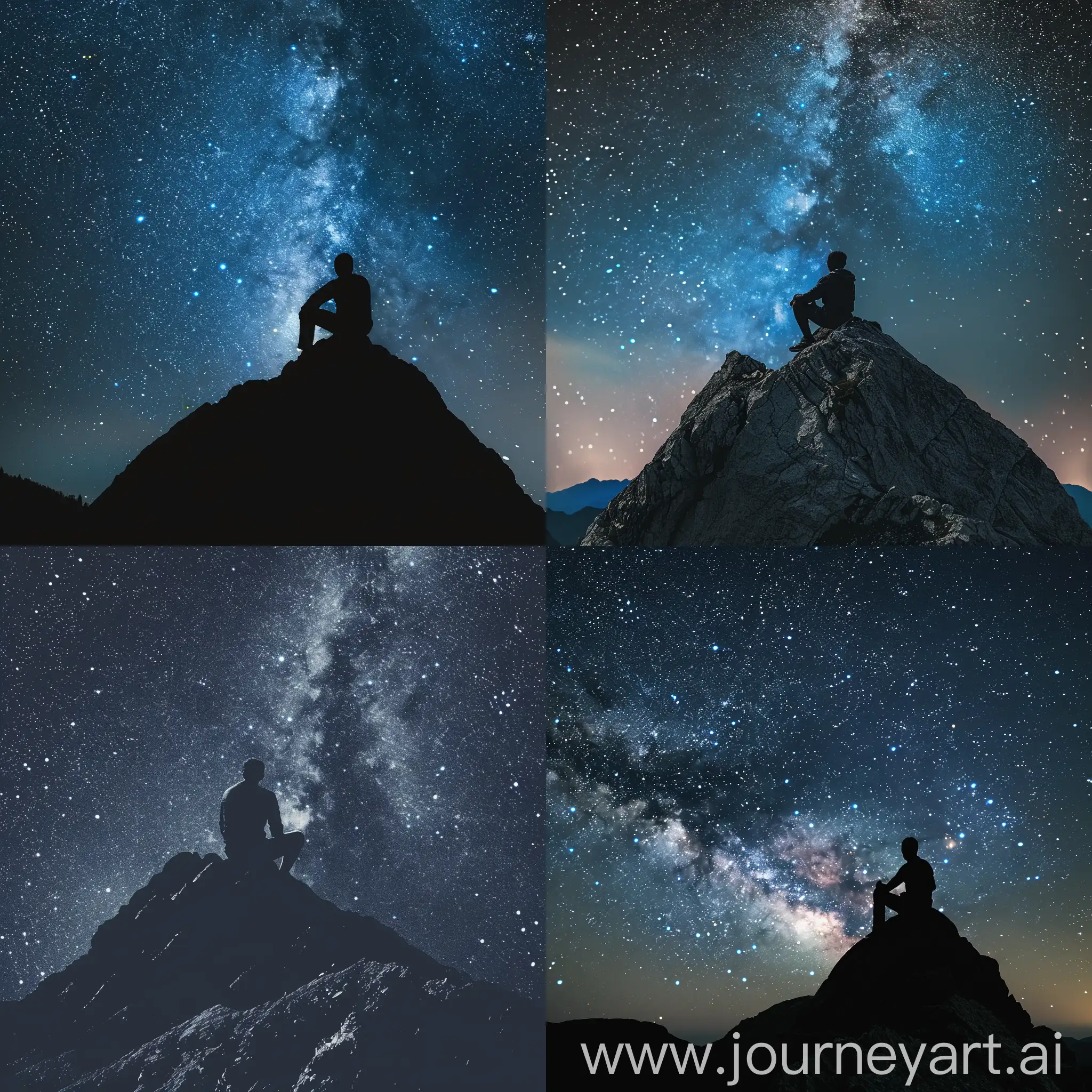 a man sitting on top of mountain and looking on stars on sky, night view
