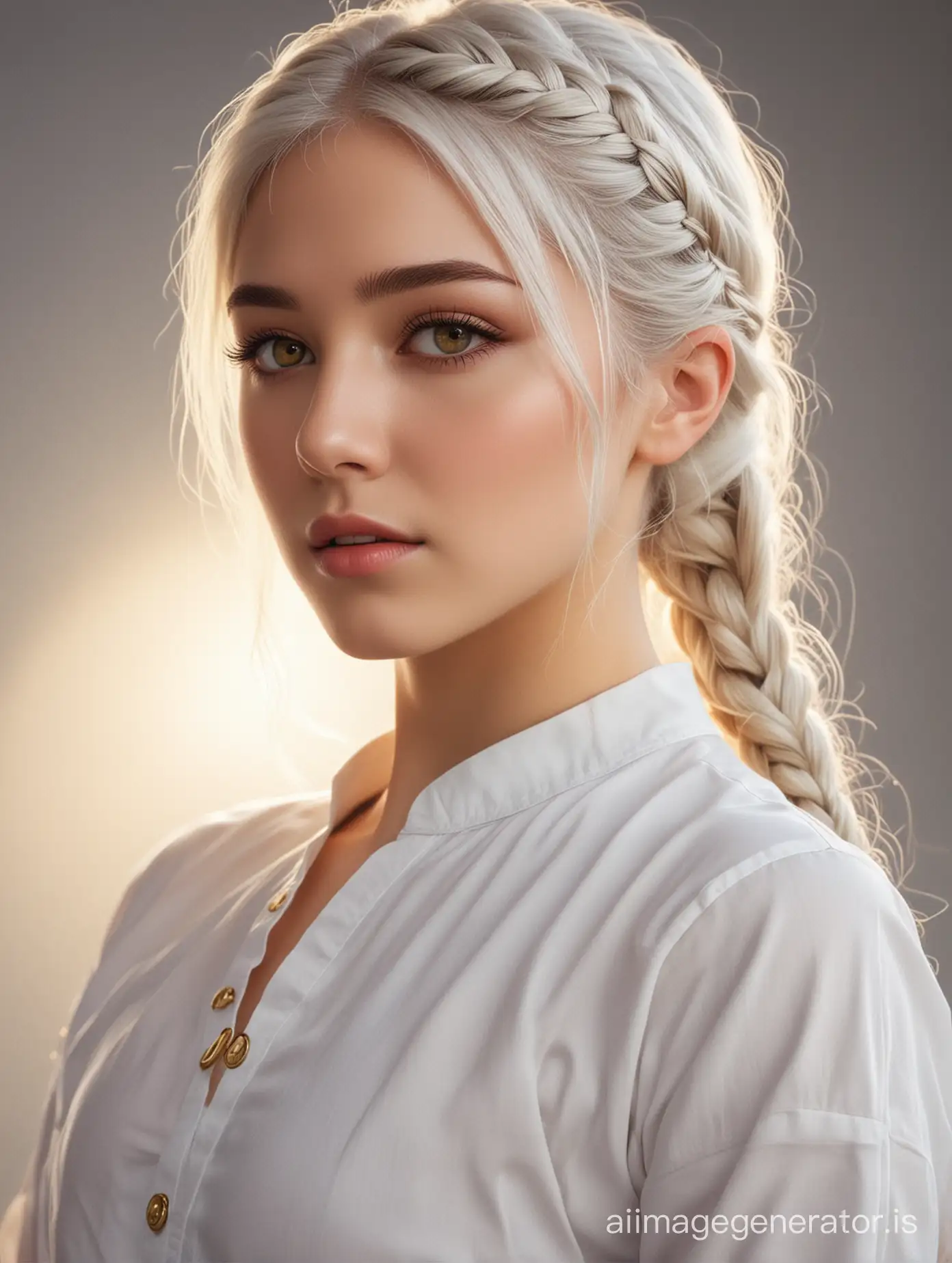 best quality, masterpiece,white hair, gold eyes,white clothes, looking up, upper body,hair strand,Fair skin,side braids