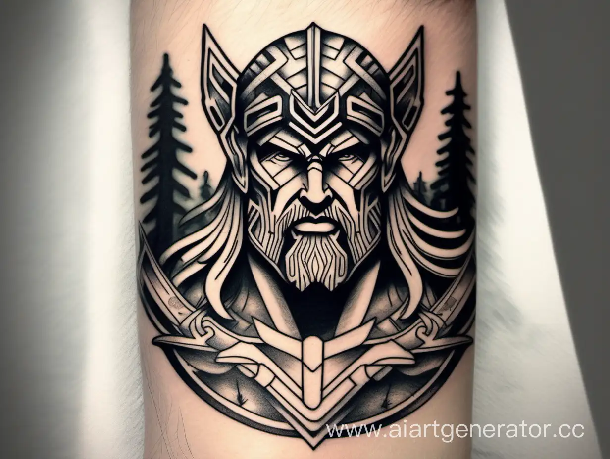 make a sketch of a tattoo on your wrist with the god Thor on the background of a forest