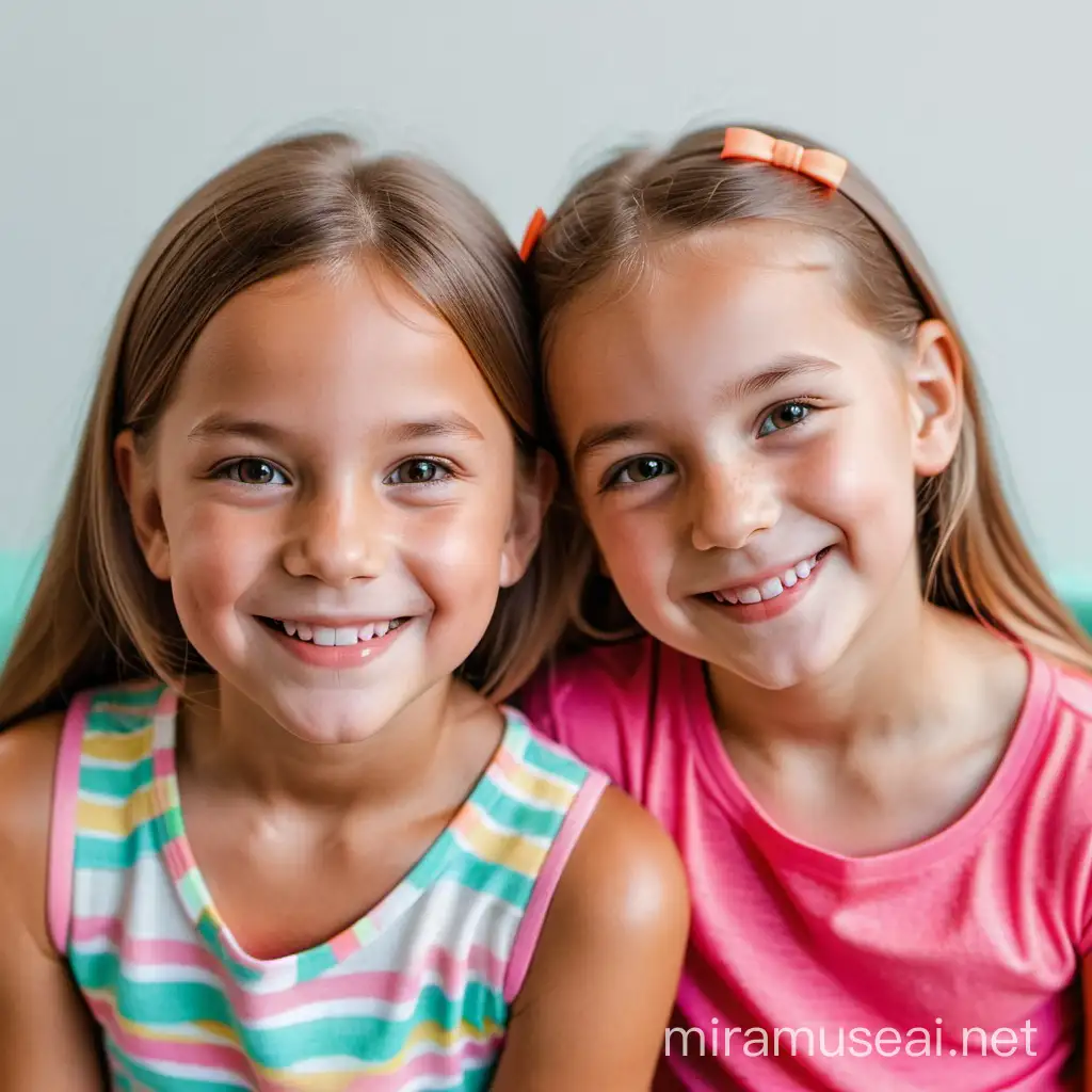 two 8 year old girls, looking at the camera, smiling, cheek to cheek, bright colors, 