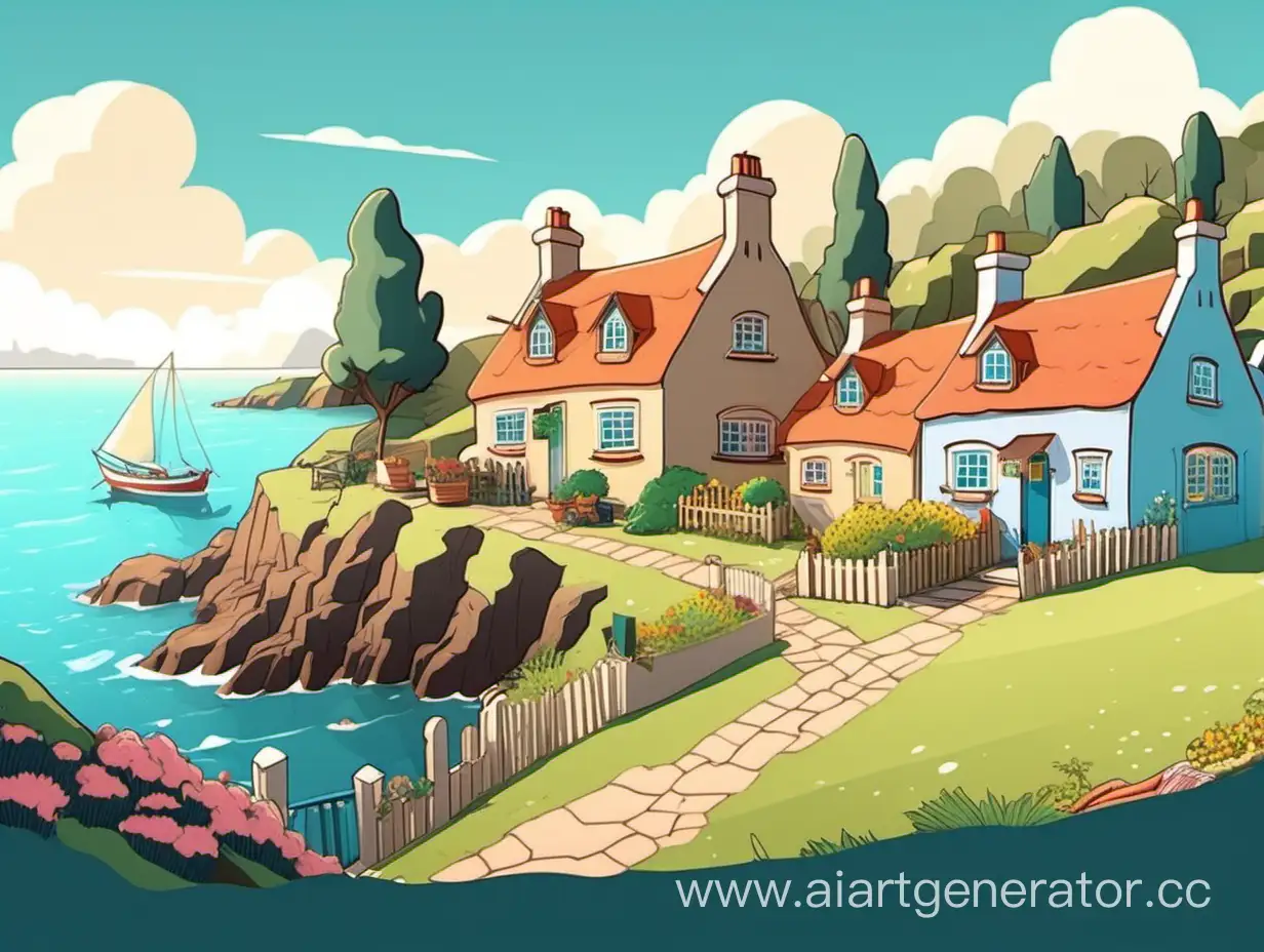 cartoon style, 8k, A quaint village by the sea, with humble cottages dotting the landscape. 