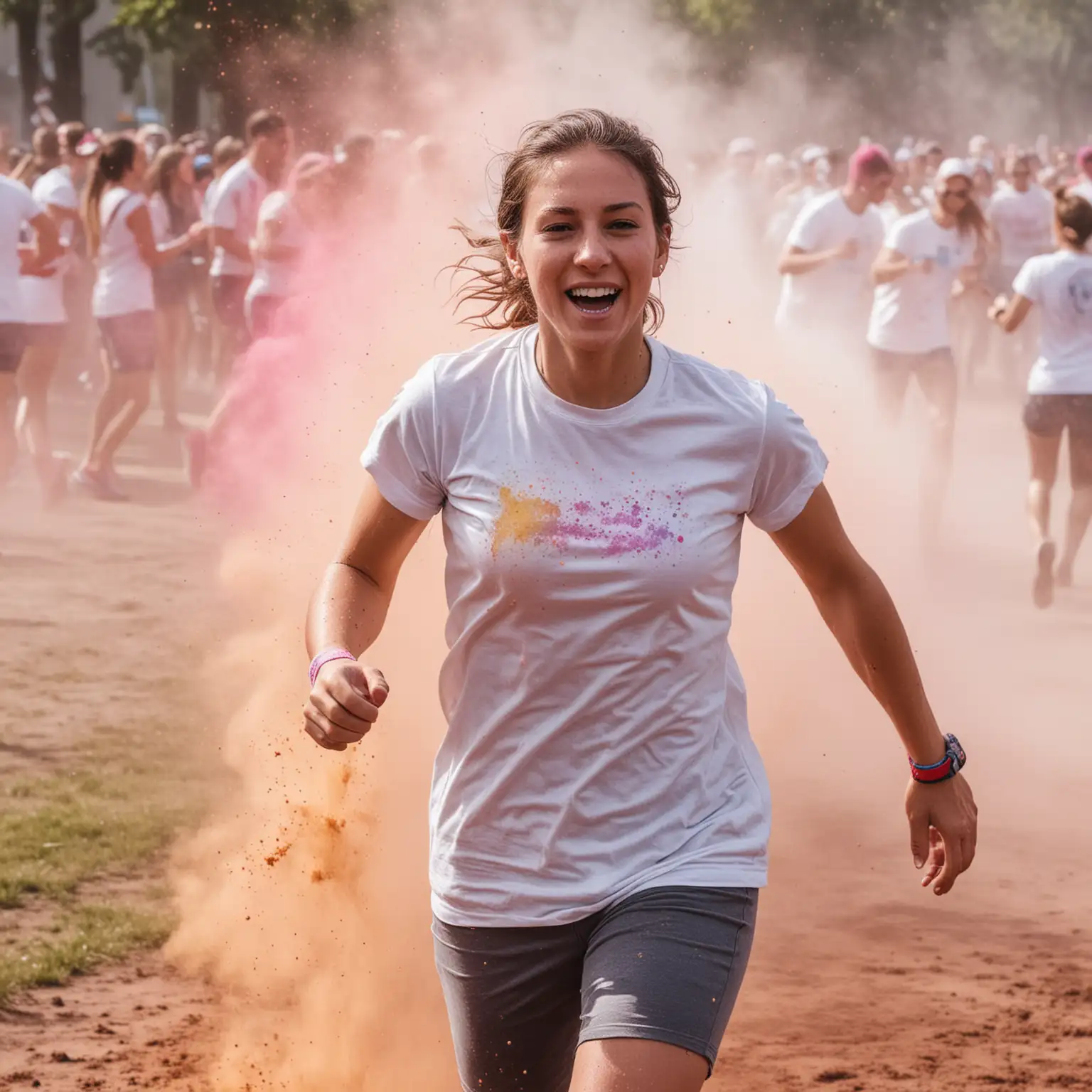 person in all white t-shirt running and getting hit by colored powder in colour run zoom up to t-shirt
