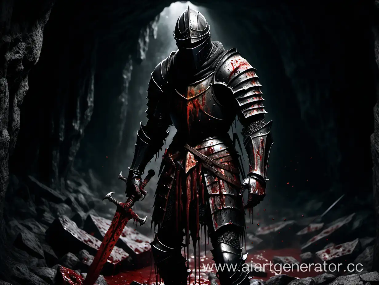 knight in dark armor covered in blood dying in dark cave alone,  in dark souls style, ultrarealistic, high details