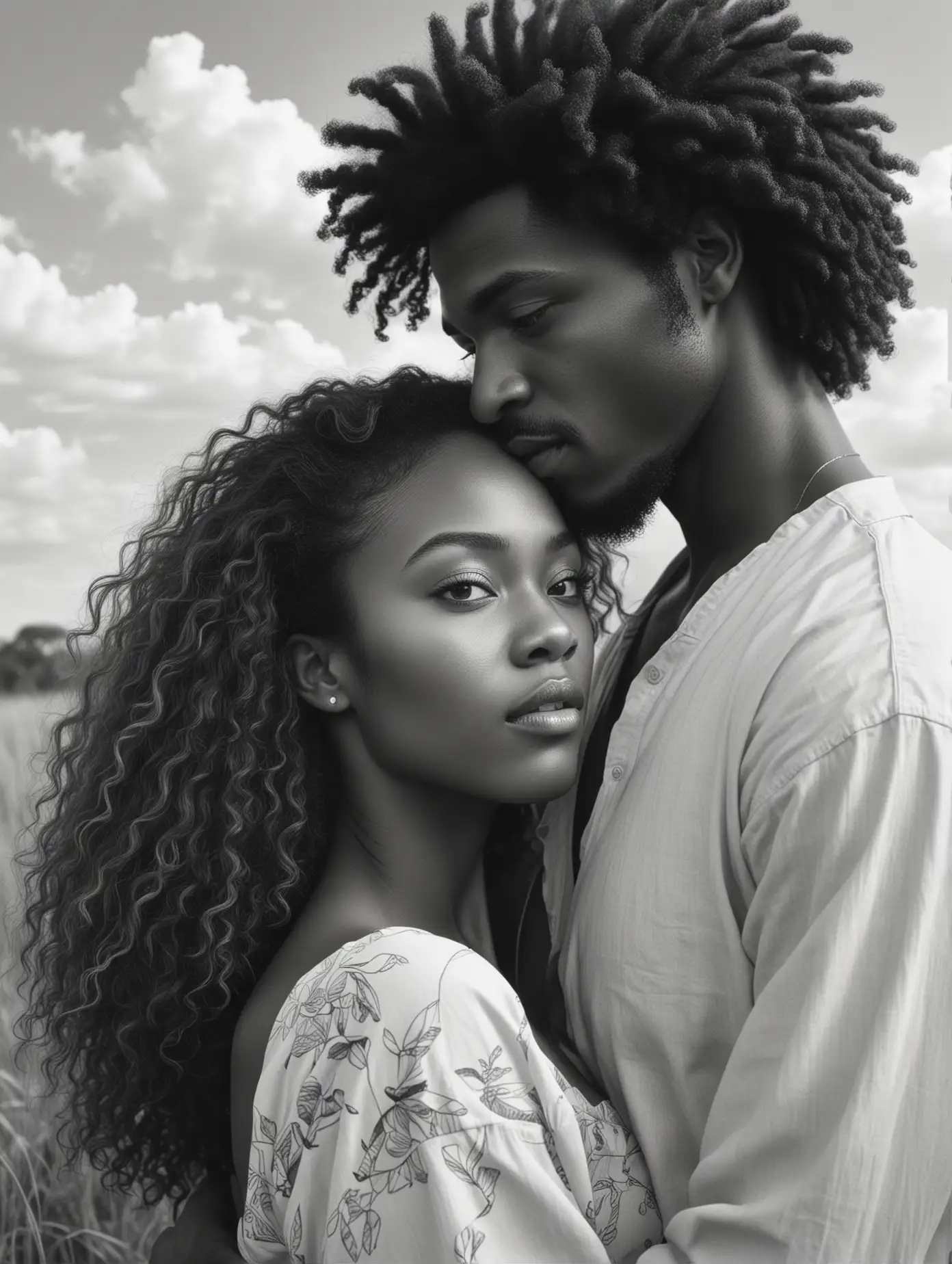 Create a black and white illustration of a scenery in the savanna:  a romantic bi racial couple, close up