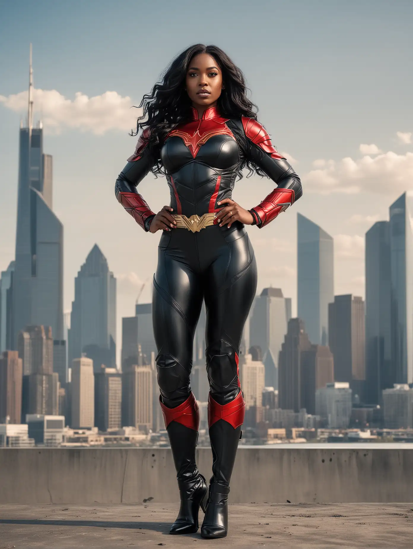 super hero black woman with long black wavy hair looking straight to camera dressed in super hero suit  with belt the suit in black, little red and little blue    , armor, belt, in eclipse skyline full body