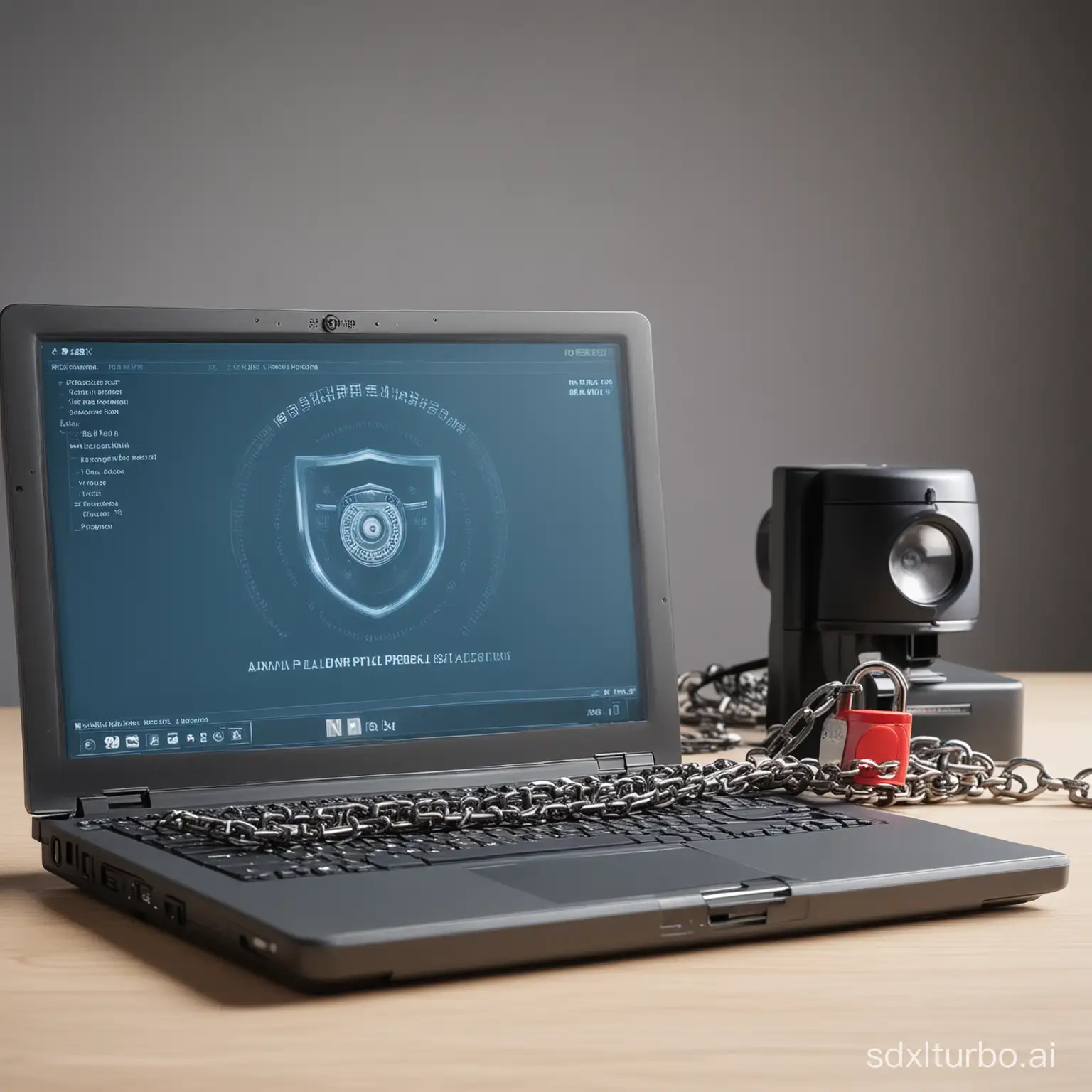 un ordenador con una cadena alrededor, con una alarma, con n candado, con una sirena de policia  