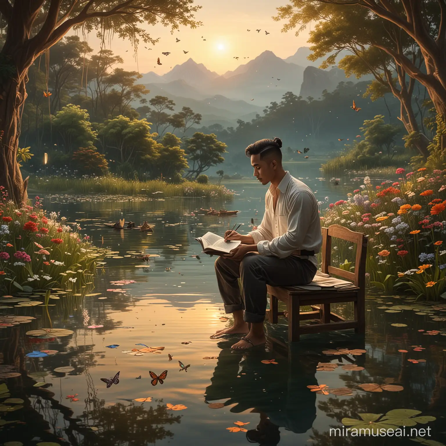 Seorang pria tampan indonesia, undercut bun hair, sedang duduk di kursi kayu tepat di tengah tengah danau, dengan memegang buku seakan sedang membaca dengan penghayatan, suasana sore hari, pemandangan sekeliling penuh bunga, kupu kupu, hewan aneh dan pepohonan, seperti di dalam film fantasi