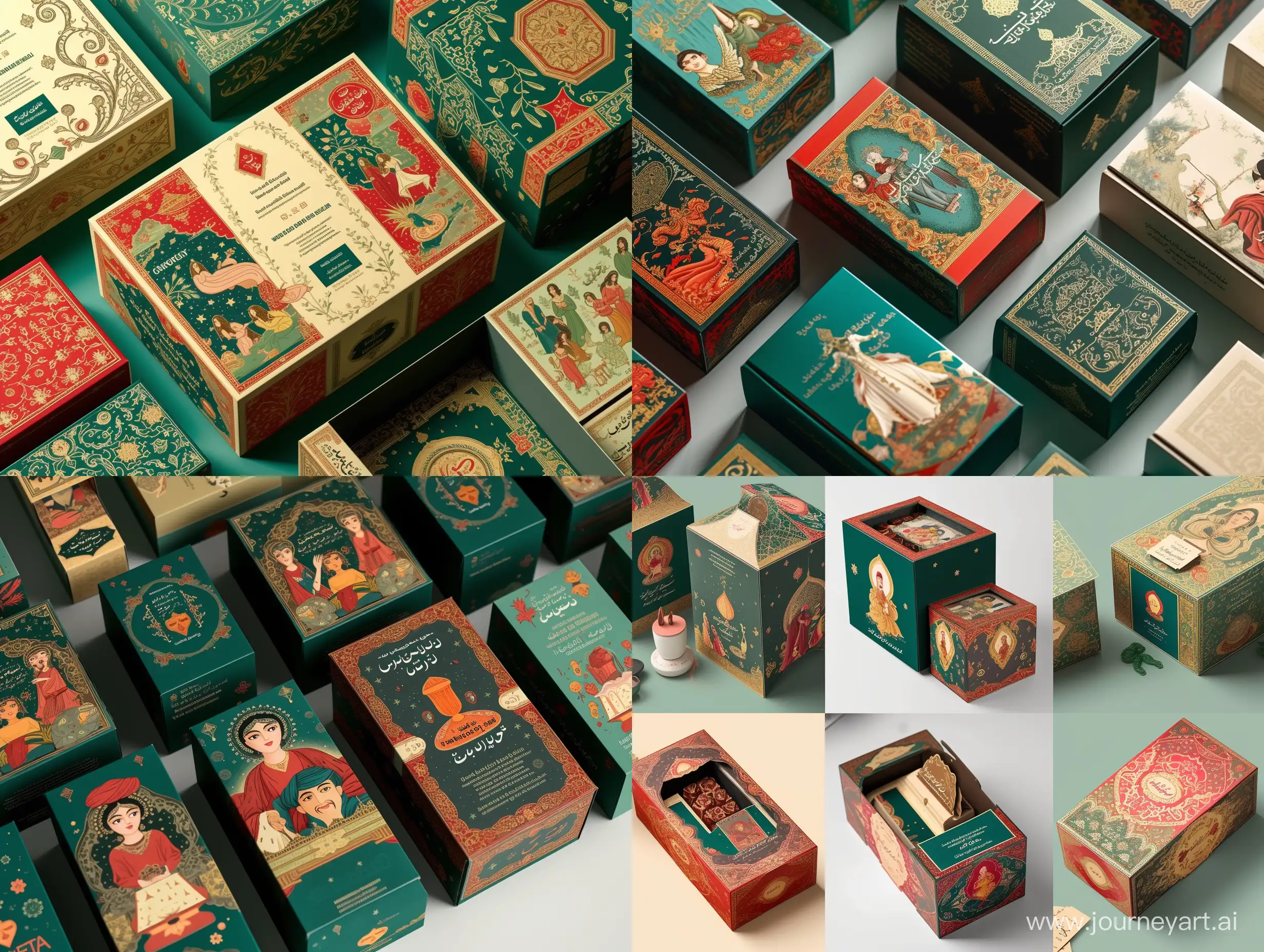 imagine an image of Iranian storytelling and fairy tales inspired packaging design :
1. Incorporate scenes from popular Iranian tales, such as One Thousand and One Nights, into the packaging design to create a sense of wonder and intrigue.
2. Use playful and imaginative typography and illustrations to capture the whimsical spirit of Persian stories, evoking a magical and enchanting feeling.
3. Create interactive elements within the packaging, such as hidden compartments with excerpts from Persian stories or QR codes that lead to audio recordings of traditional Persian folktales, encouraging consumer participation and engagement.
4. Design the packaging structure with nested boxes or hidden compartments, resembling treasure chests or enchanted objects, to add an element of mystery and excitement.
5. Utilize vibrant and fantastical colors like emerald green, ruby red, and gold to represent the fantastical elements of Persian stories, along with durable paper or cardboard with rich textures to enhance the tactile experience.
6. Incorporate whimsical and stylized typography inspired by Persian illustrations for the logo and product information, capturing the essence of Iranian storytelling and fairy tales.realistic style