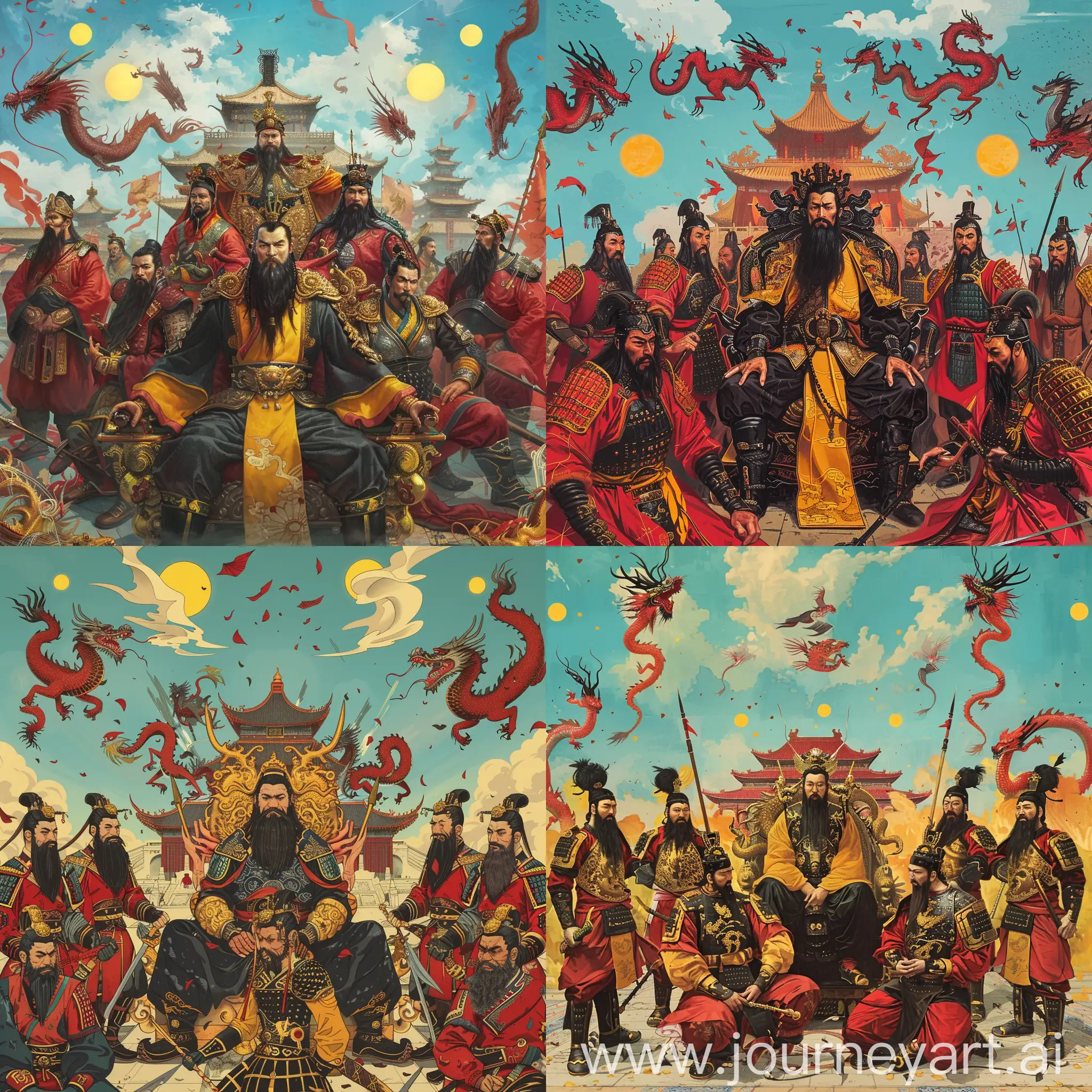 Chinese-Emperor-Qin-Shi-Huang-on-Dragon-Throne-Surrounded-by-Qin-Dynasty-Warriors-in-Imperial-Palace-Setting