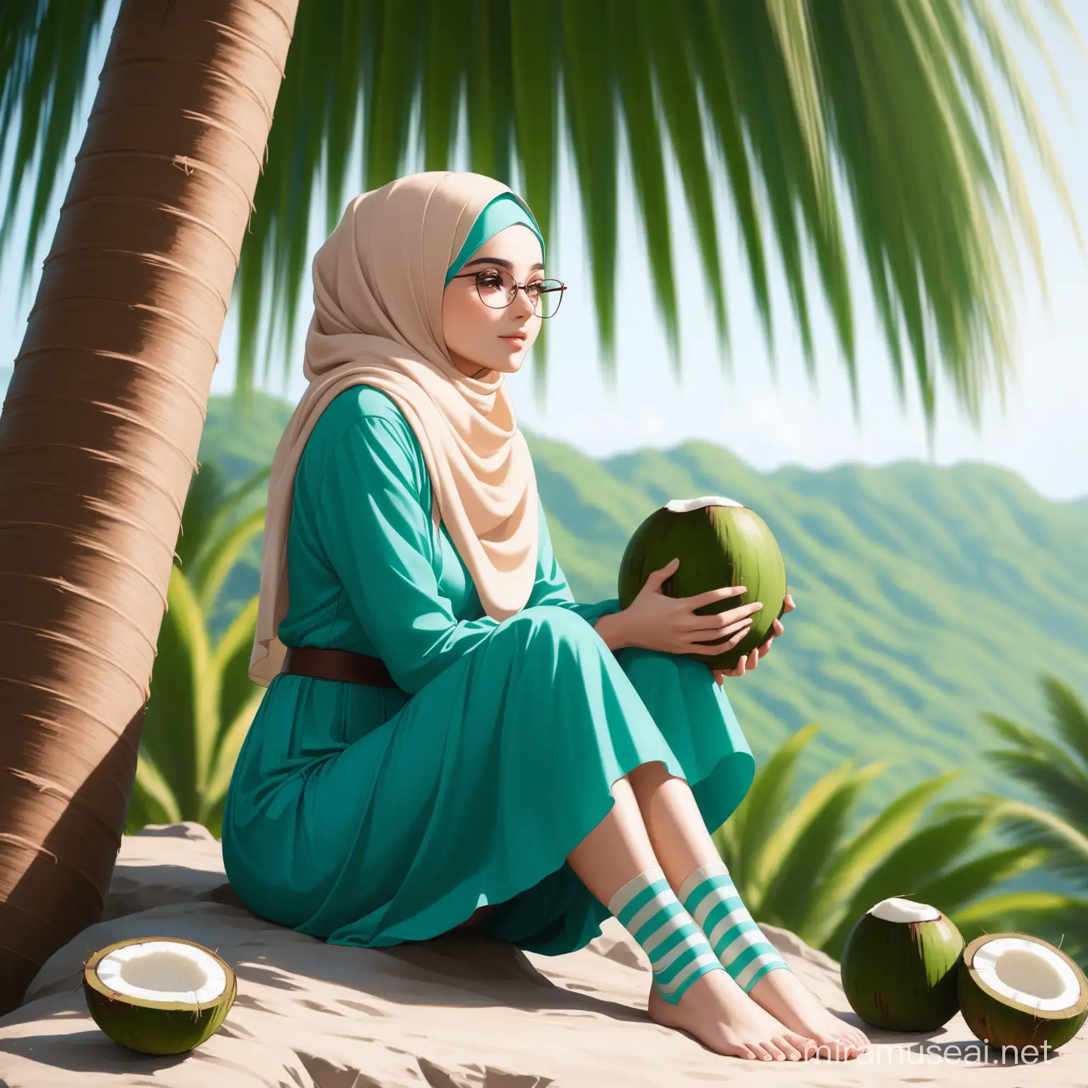 Stylish Muslim Woman Relaxing by Coconut Tree
