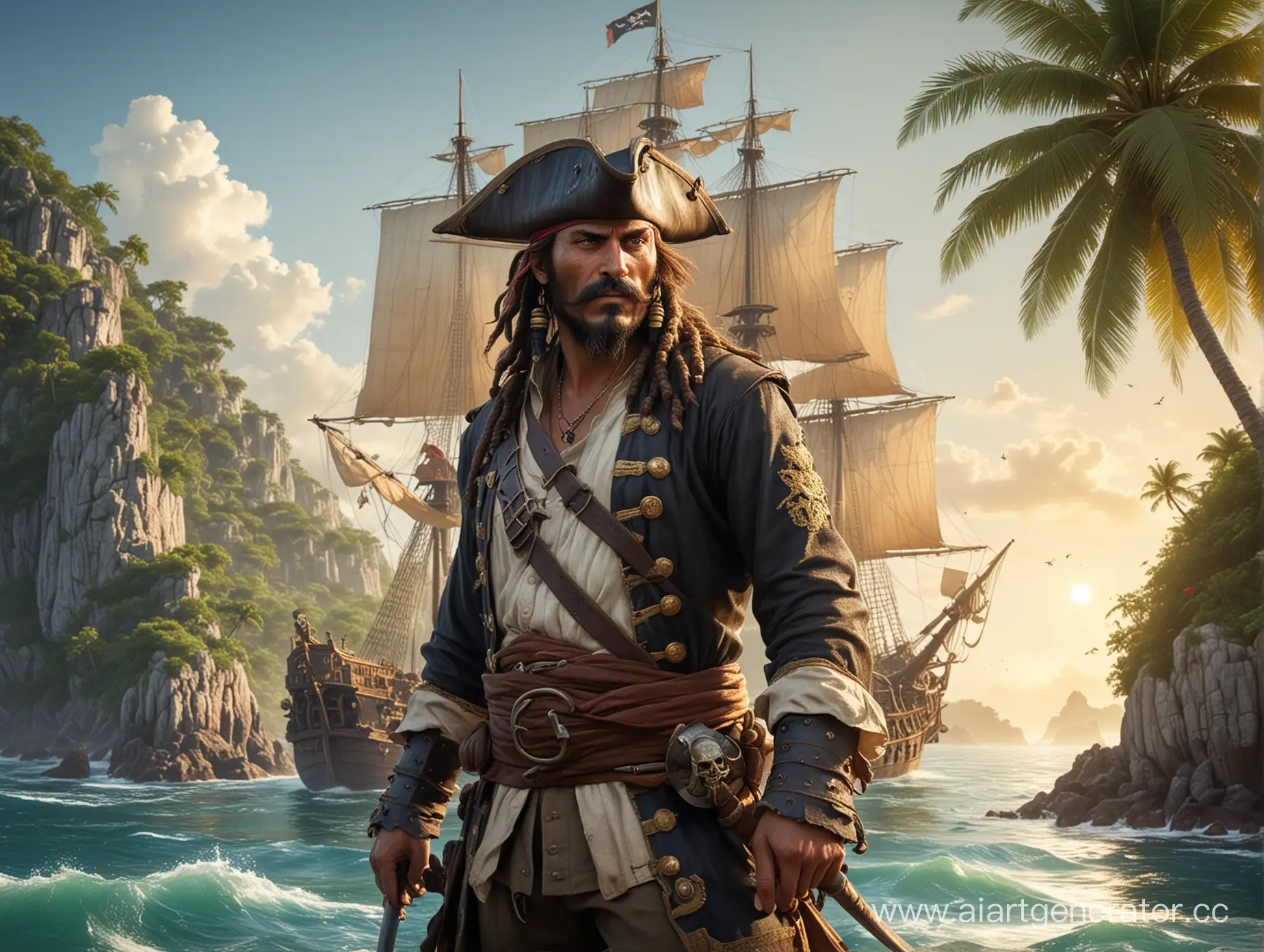 Пират Яруга - отважный капитан галеона ПиСюн в камзоле на фоне тропических островов.
