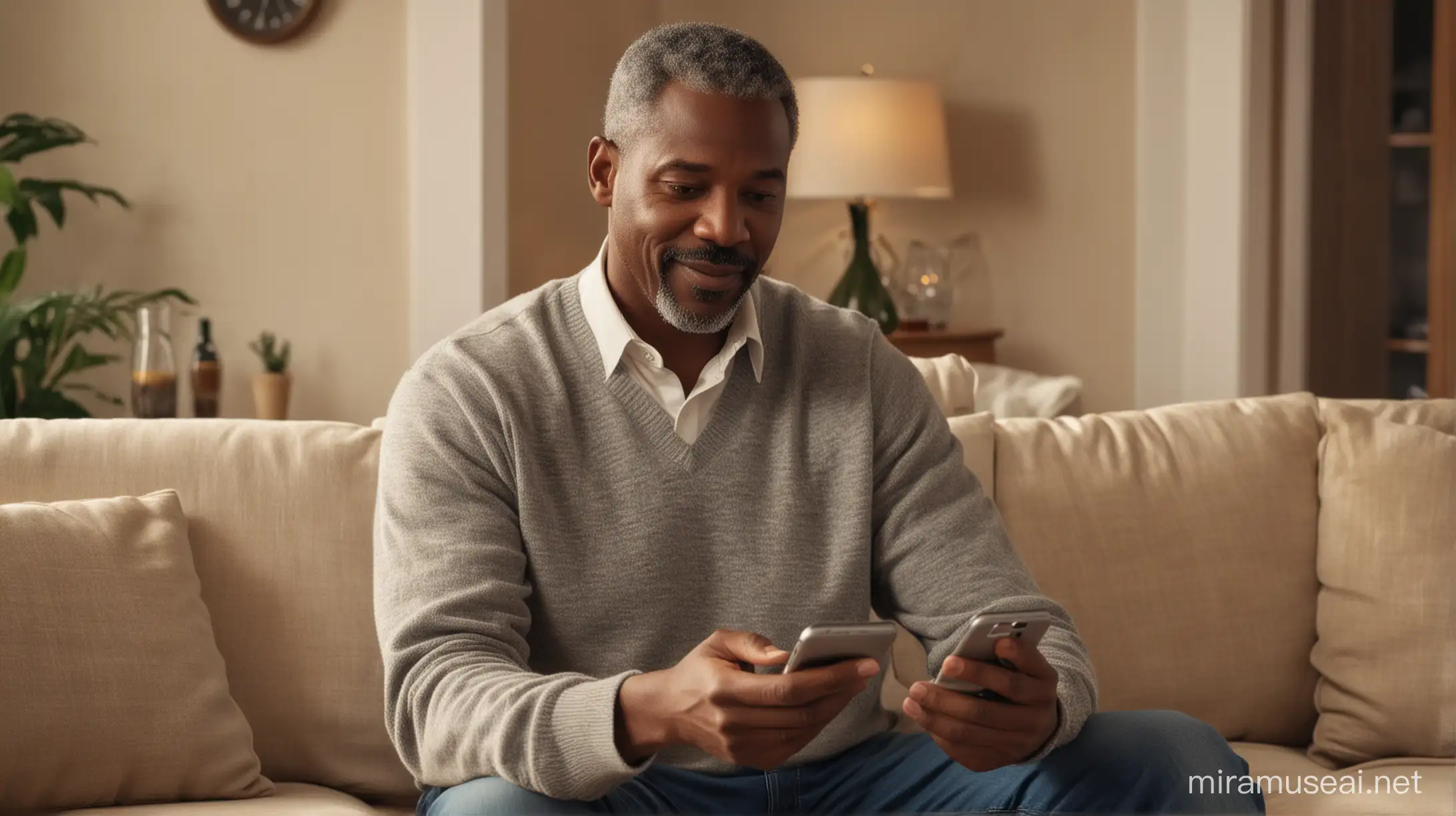 Digital Connection for Mature Generations Mature Male blackman Engaging with Online News and Messaging on His Phone in a Cozy Home Setting