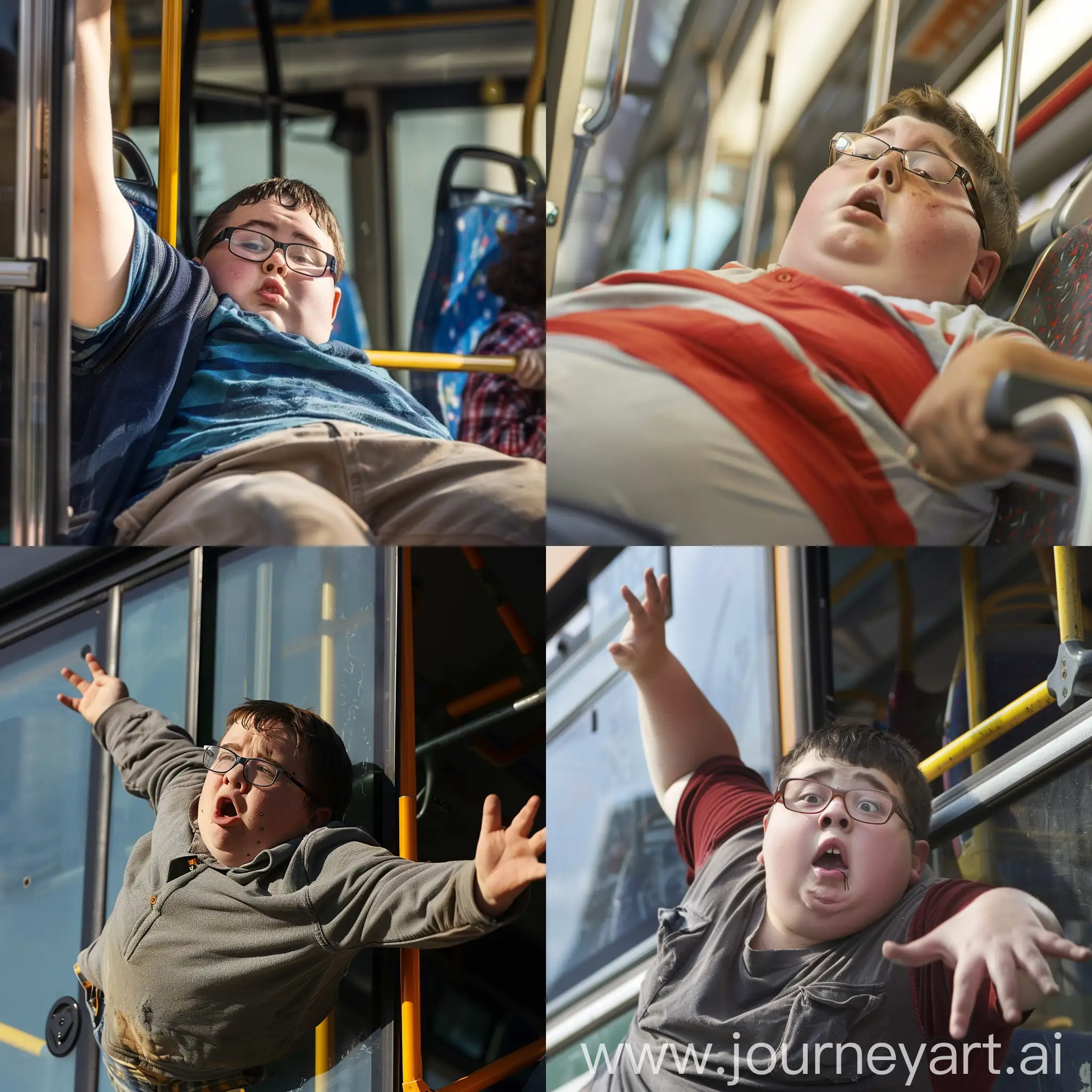 Un ragazzo sfortunato disabile e obeso 15 anni con occhiali da vista che cade dall’autobus 