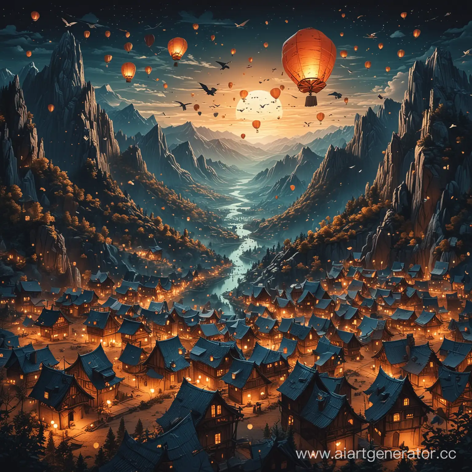 Night-Flight-over-Medieval-Settlement-and-Forests-with-Paper-Lanterns