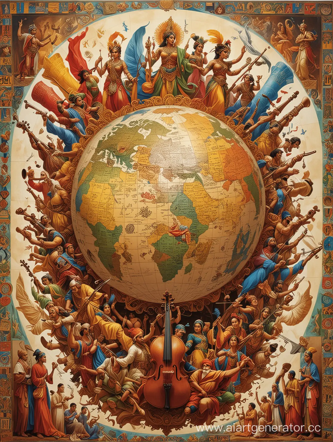 На вертикальном плакате в центре расположен крупный контур земного шара, изображенного в виде пазла. Каждый элемент пазла заполнен различными культурными символами: китайскими иероглифами, египетскими иероглифами, индийскими узорами, европейскими буквами и музыкальными нотами, африканскими узорами и т.д.

Вокруг земного шара на плакате размещены изображения разнообразных элементов культуры: книги разных форм и размеров, музыкальные инструменты (скрипка, флейта, диджериду), танцующие люди в национальных костюмах, театральные маски, картины и скульптуры разных эпох и стилей.

Вверху плаката расположен яркий слоган: "Единство в Искусстве: Культура против Террора". Под слоганом может быть добавлено краткое пояснение или цитата, подчеркивающая важность многообразия культурного наследия для создания гармоничного мира.

Цветовая гамма плаката яркая и насыщенная, используются основные цвета радуги (красный, жёлтый, синий, зелёный) для подчеркивания радости и оптимизма, а также символического значения единства многообразия.