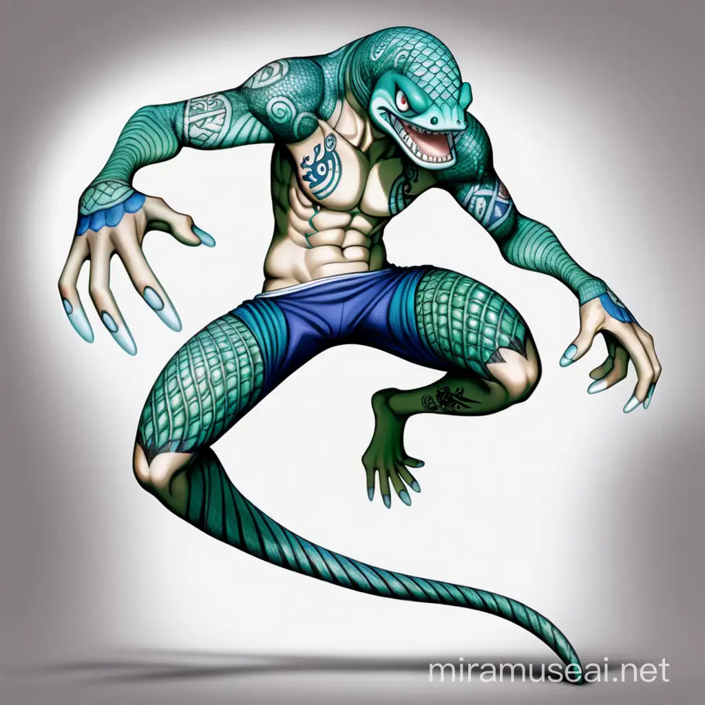 a eel fishman from one piece who has green and blue scales through whole body, tribal tattoos, razor jaws, webbed feet, webbed hands, wears capri pants and sandals, no shirt, athletic build, no skin, scales on whole body one piece drawing style.