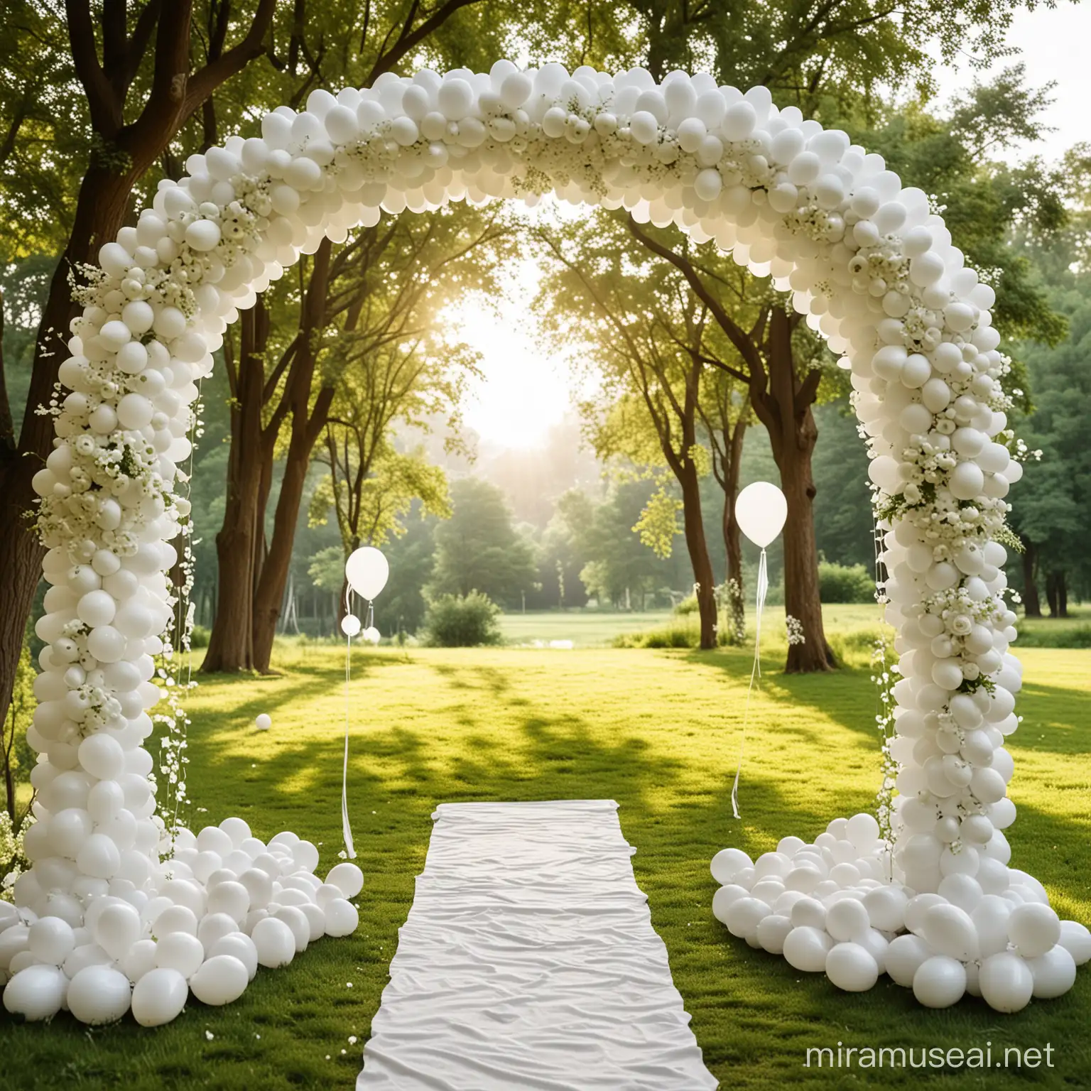arche de mariage tres blanc avec des ballons, pour ceremonie de mariage, posé sur un sol tres verdoyant avec la lumiere du soleil