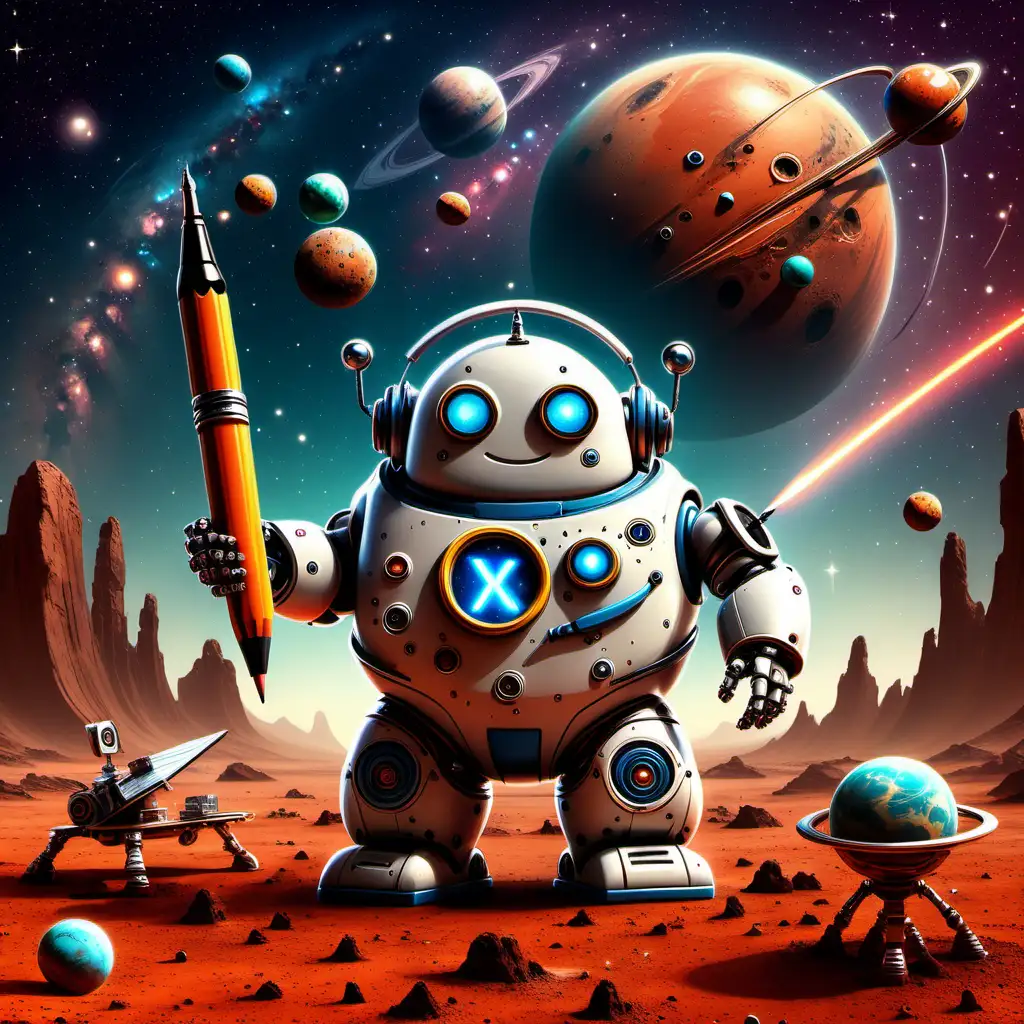 Whimsical art. Funny looking fat and Cute robot holding pen and pencil smiling. Standing on planet mars,  Behind the robot there is a large X logo sign in the sky along with planets and nebulas