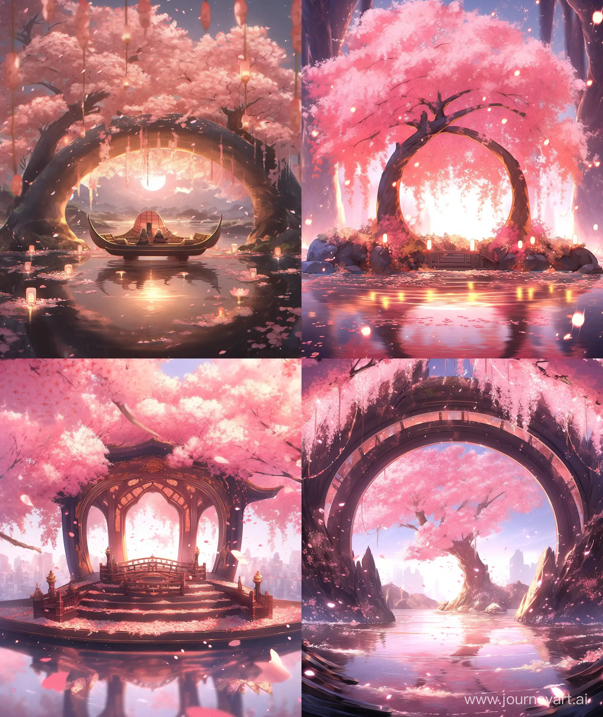 Anime fantasy style Ancient arch, glowing arch, orange _pink cherry blossom trees, lake water, bioluminating cherry flowers , luminating light, forest ambient, surrealism, ultra hd, --ar 27:32 --niji 5