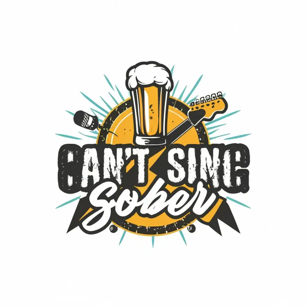 logo, beer
guitar 
microphone
alcohol
, with the text "CAN'T 
SING 
SOBER", typography, be used in Internet industry