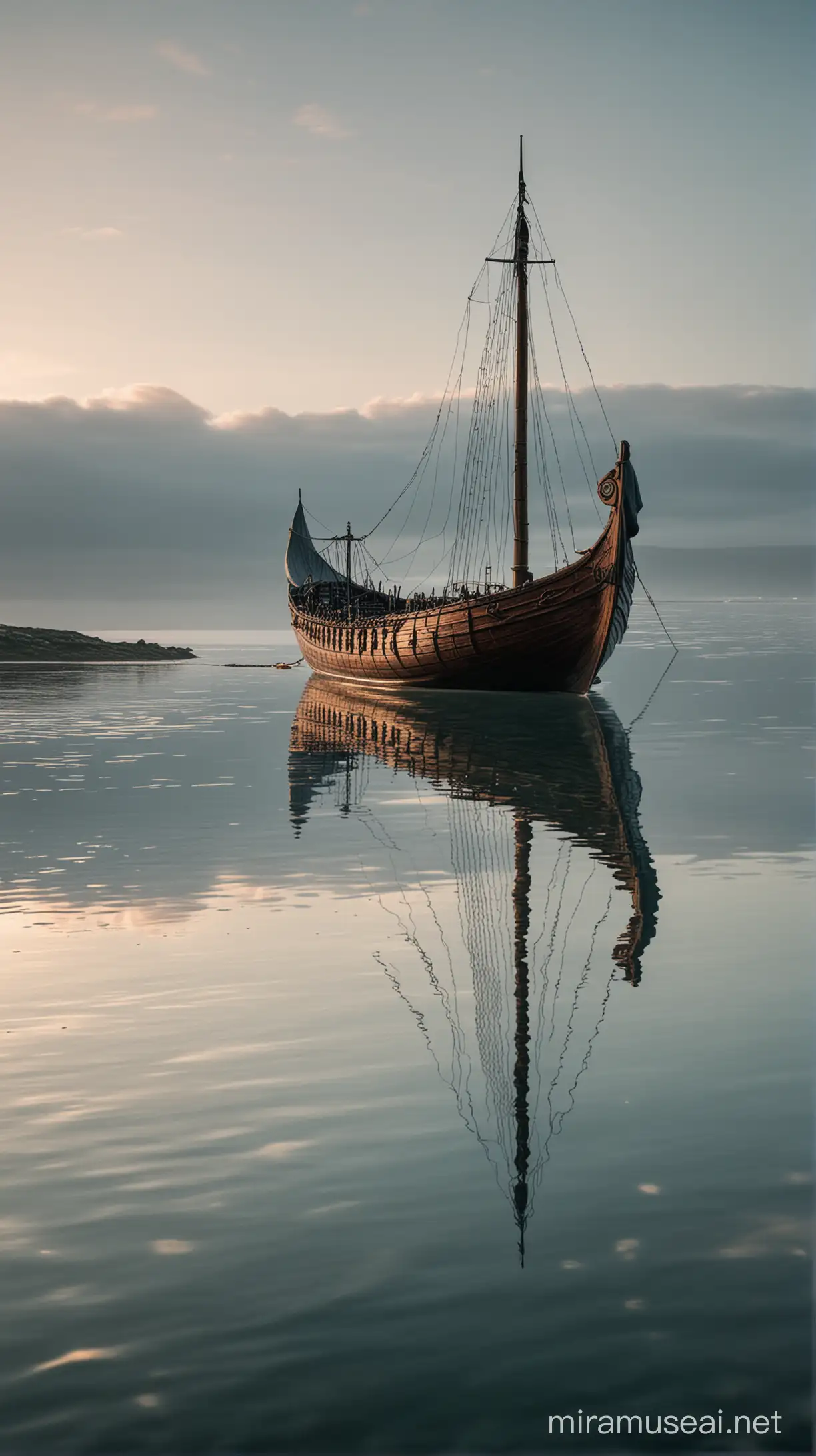 A serene view of the reflection of a Viking ship destined for Valhalla appearing on the calm surface of the sea.
