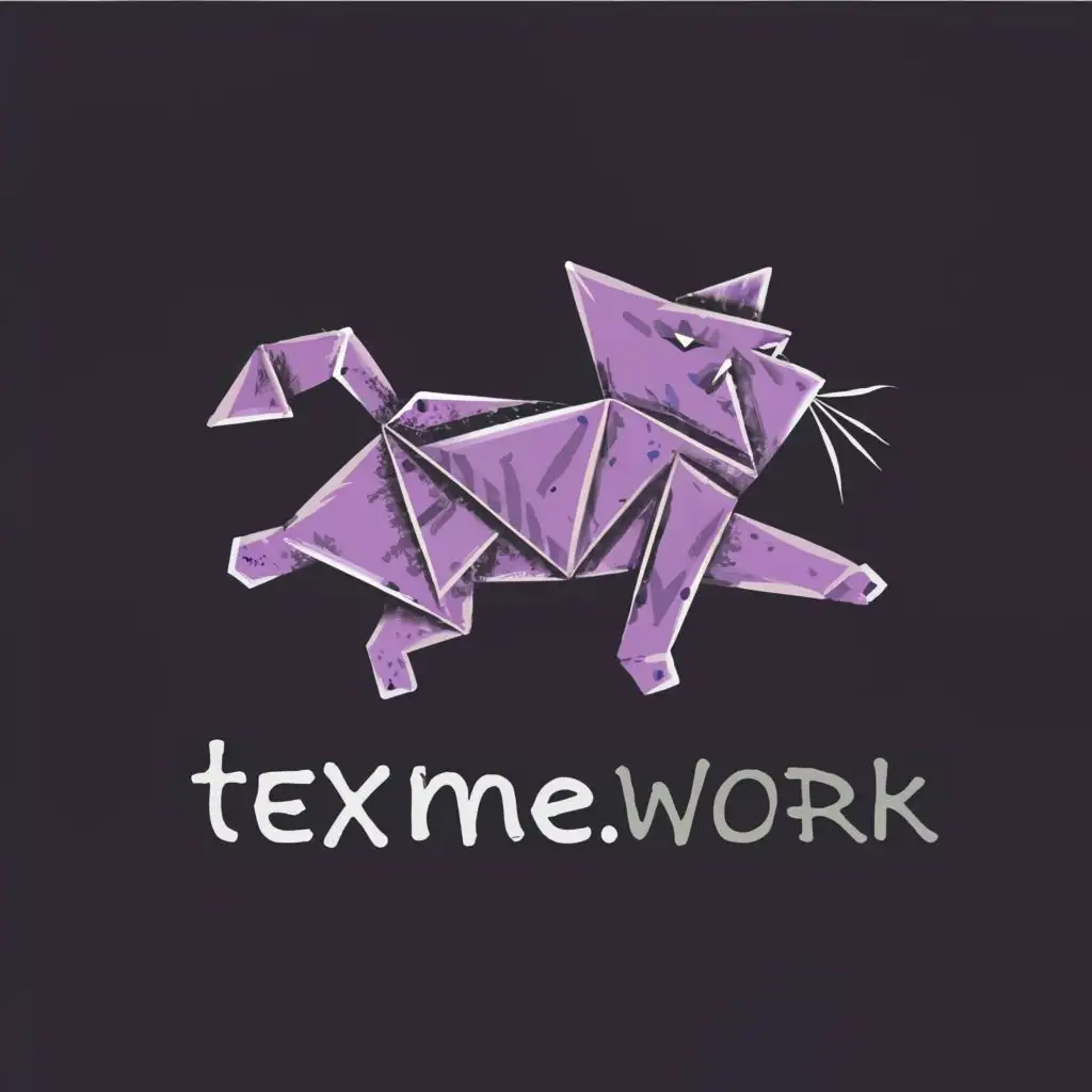 logo, paper origami cat run, minimal purple colorful chaotic brush drawn, dark background, with the text "textme.work", typography, be used in Restaurant industry