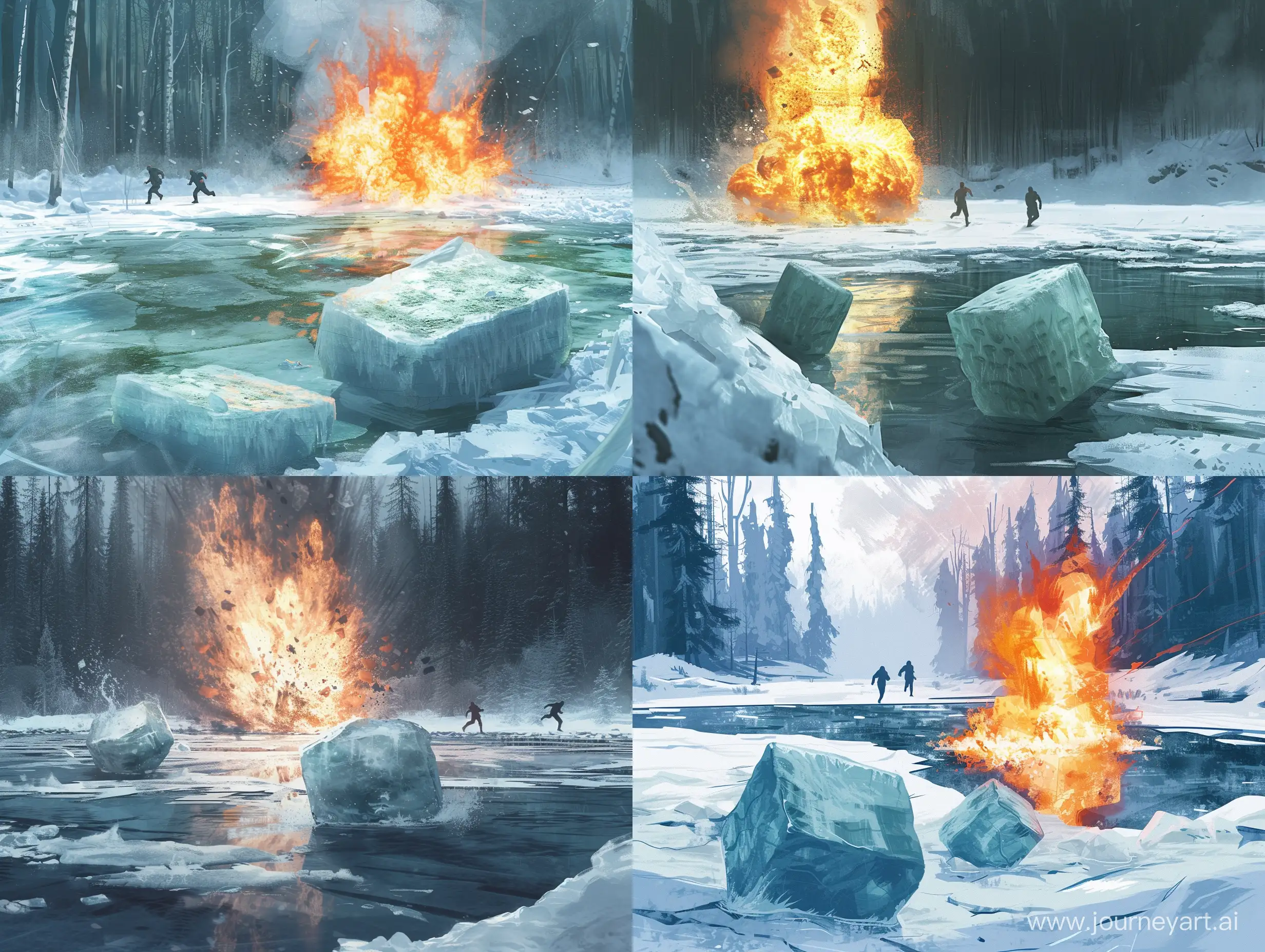 concept art, apocaliptic forest, Thermal explosion on an ice lake, two figures running in the background, large scale, blocks of ice