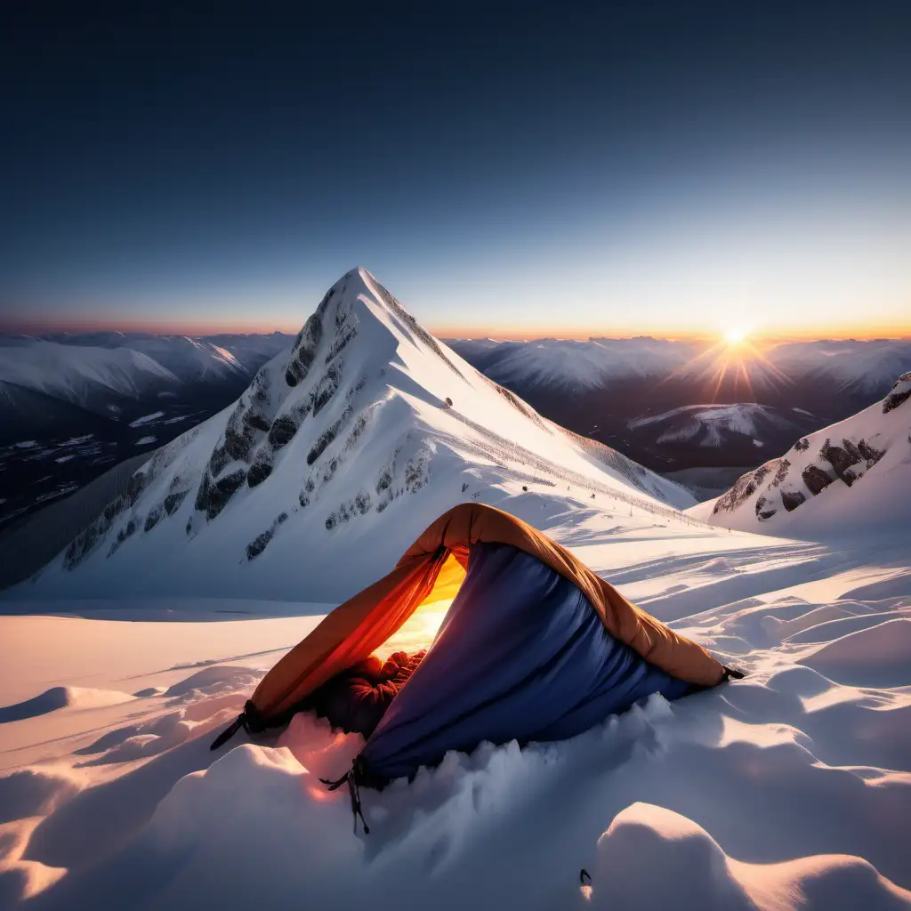 create a windy snowy peak, snow all over, messy snow from a sleeping bag covered in snow, ambient sunrise light
