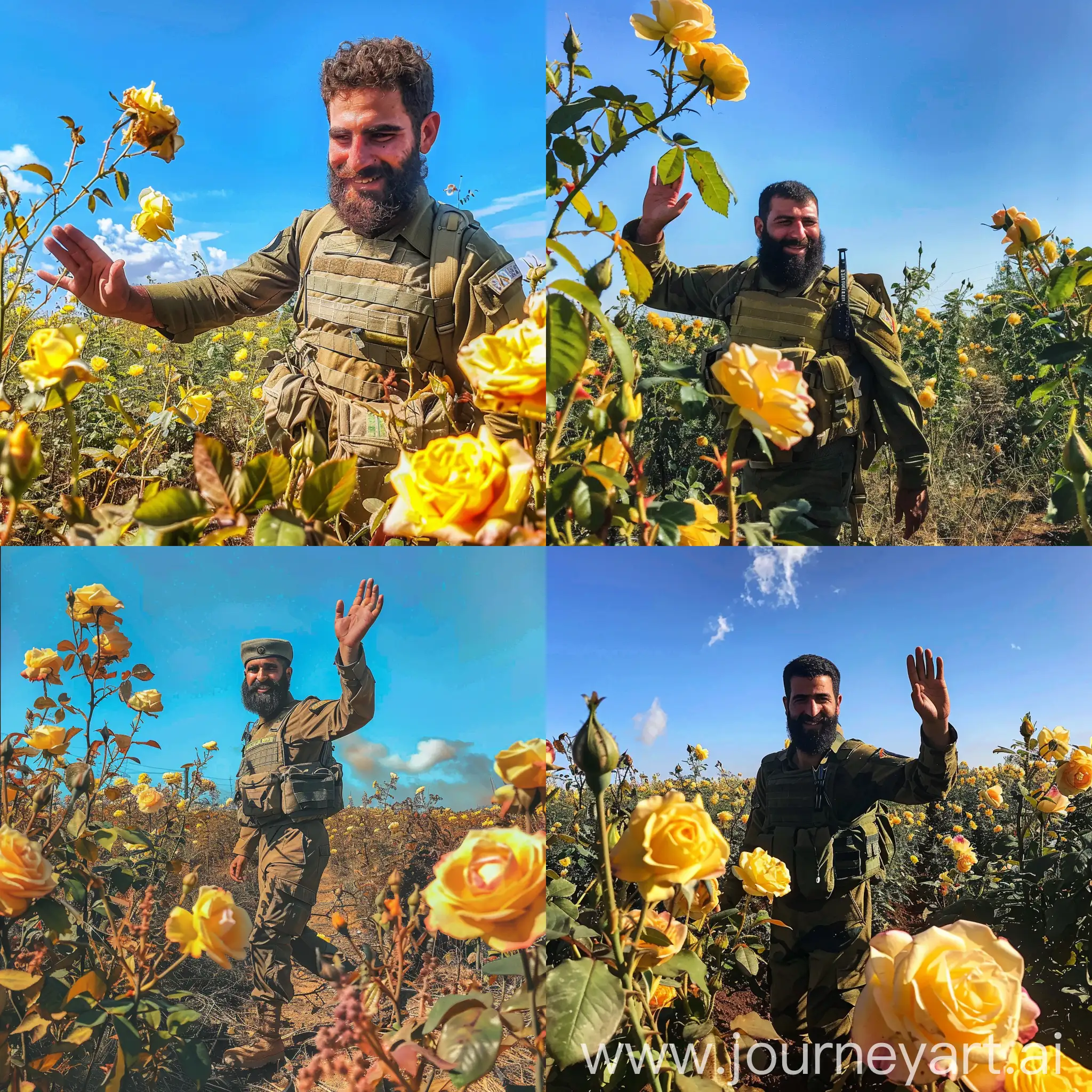 A Hezbollah soldier with a beard, smiling slightly, waving his hand, walking in a field surrounded by yellow roses and a blue sky above him.