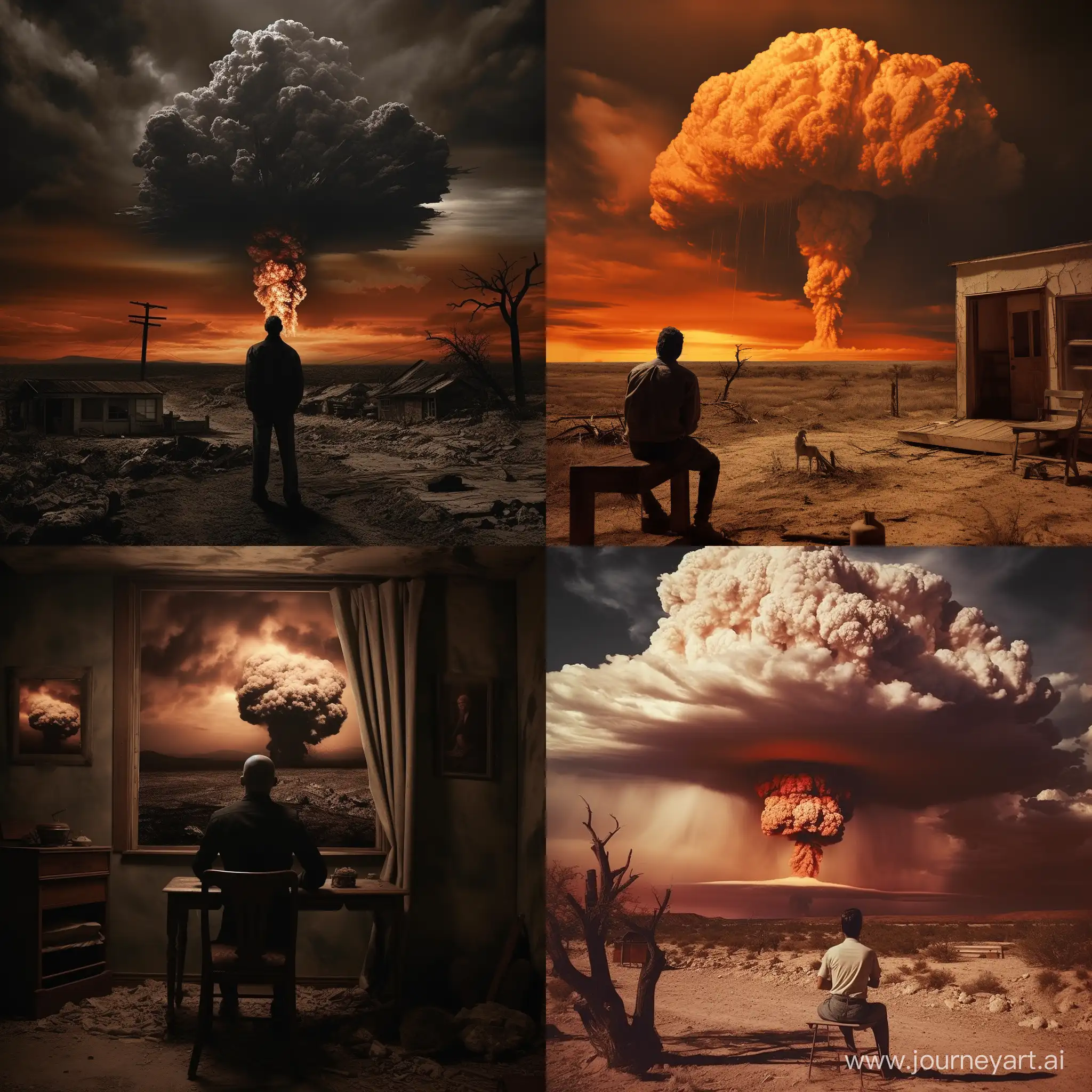 1940's american man watching nuclear bomb drop on the horizon, nuclear america, black metal album cover, dark horror