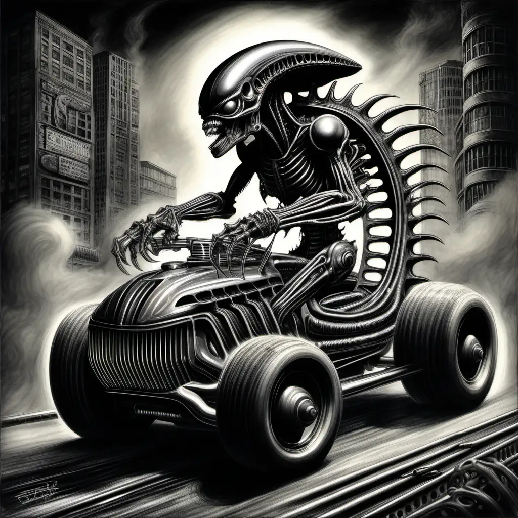 Giger's xenomorph in the style of ed "big daddy" roth driving a hot rod