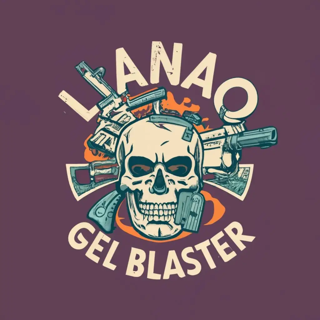 logo, guns, skull, with the text "Lanao Gel Blaster", typography