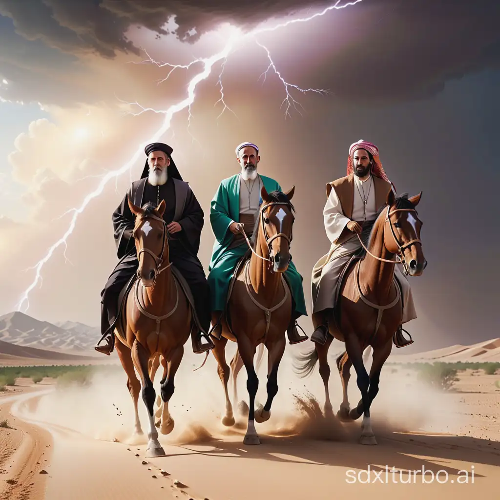 Three men riding in the desert towards Damascus. A Jewish priest and two assistants, when lightning strikes them, biblical image.