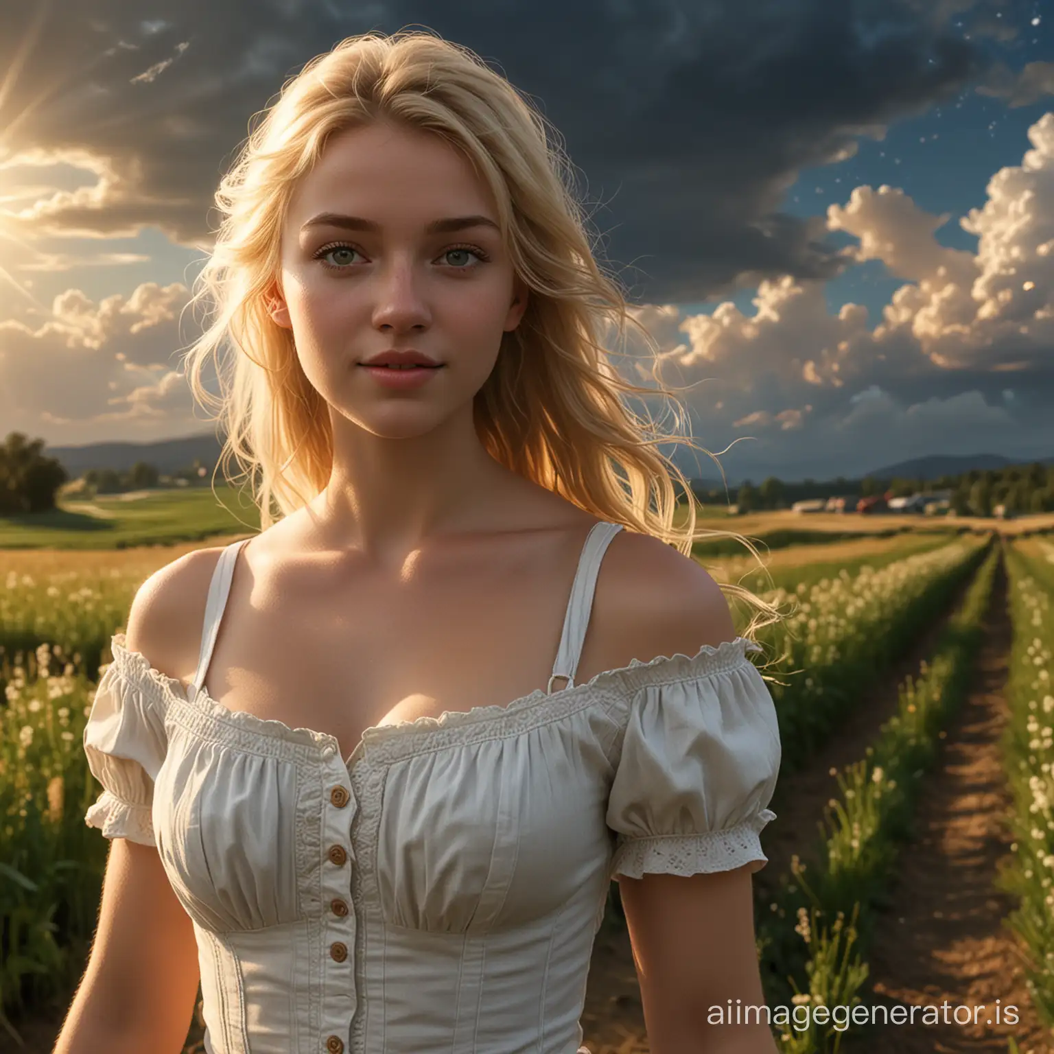 (realistic:1.3), finely detailed, quality, rembrandt lighting, (masterpiece:1.2), (photorealistic:1.2), (best quality), (detailed skin:1.3), (intricate details), dramatic, ray tracing, 1girl, american white girl, blonde hair, 21 years old, medium breasts, (Meadow, Sun, Clouds, Field, Farming, Starlight, Walking trail)