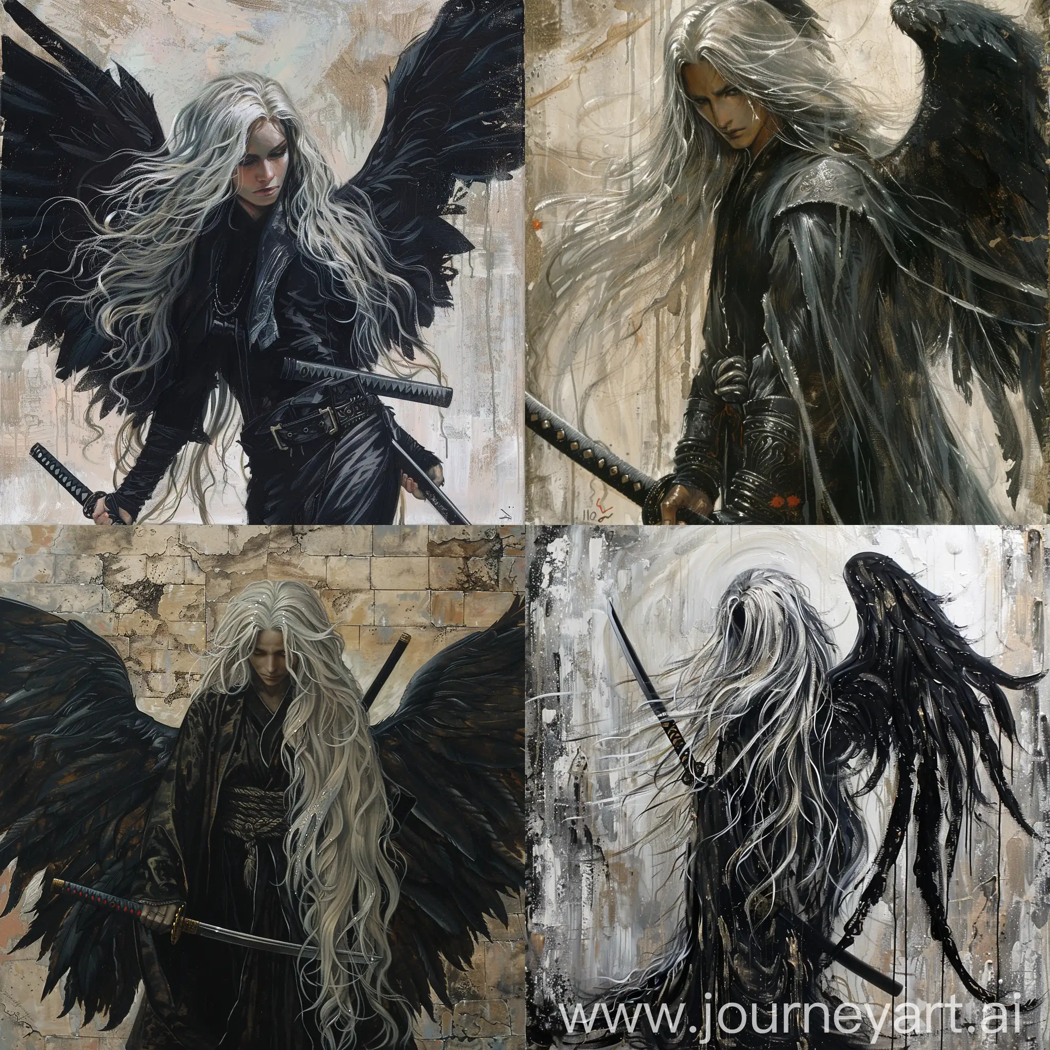 evangelical painting, black winged angel with katana, long silver hair