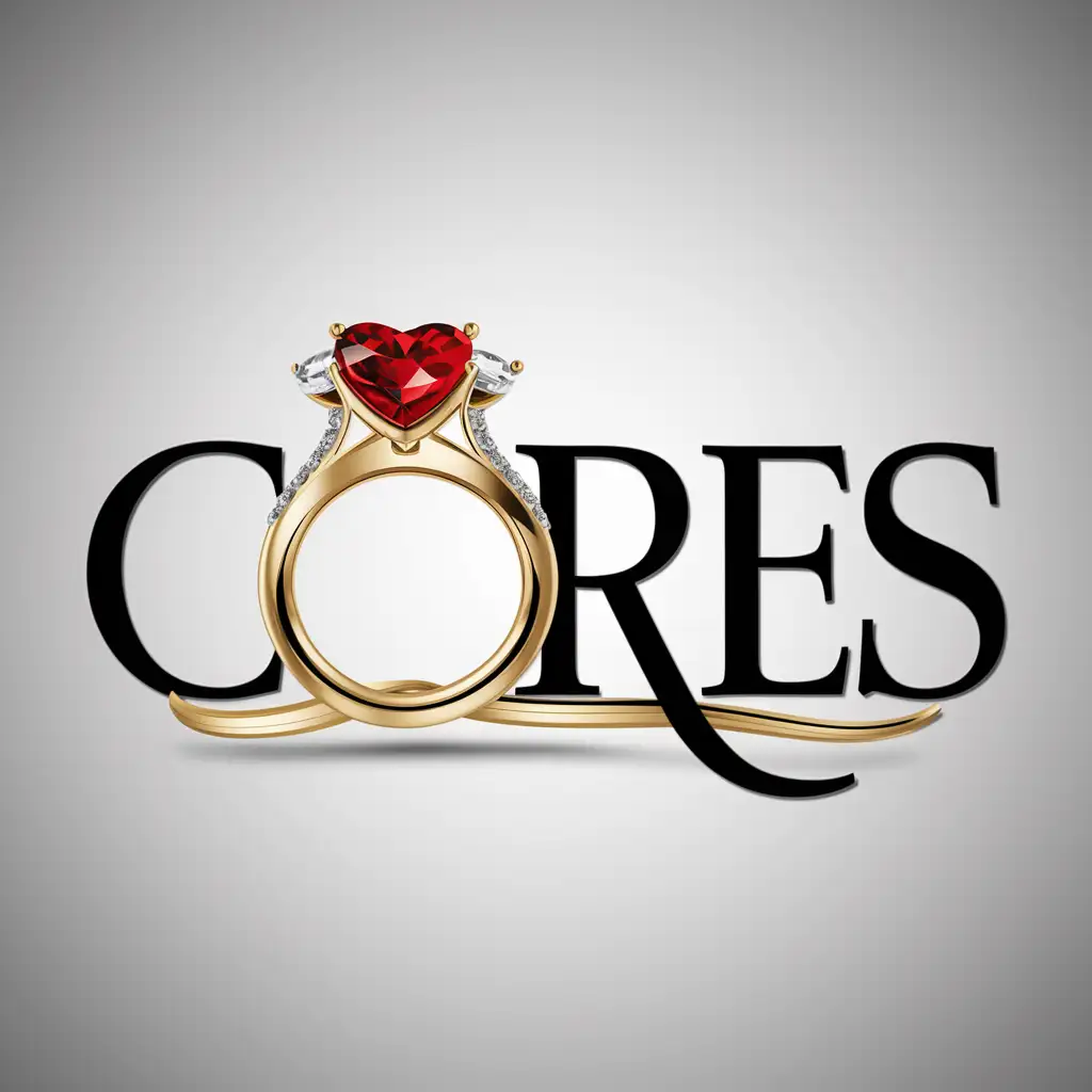 logo word coress o is gold wedding ring with precious stone in the shape of a red heart
