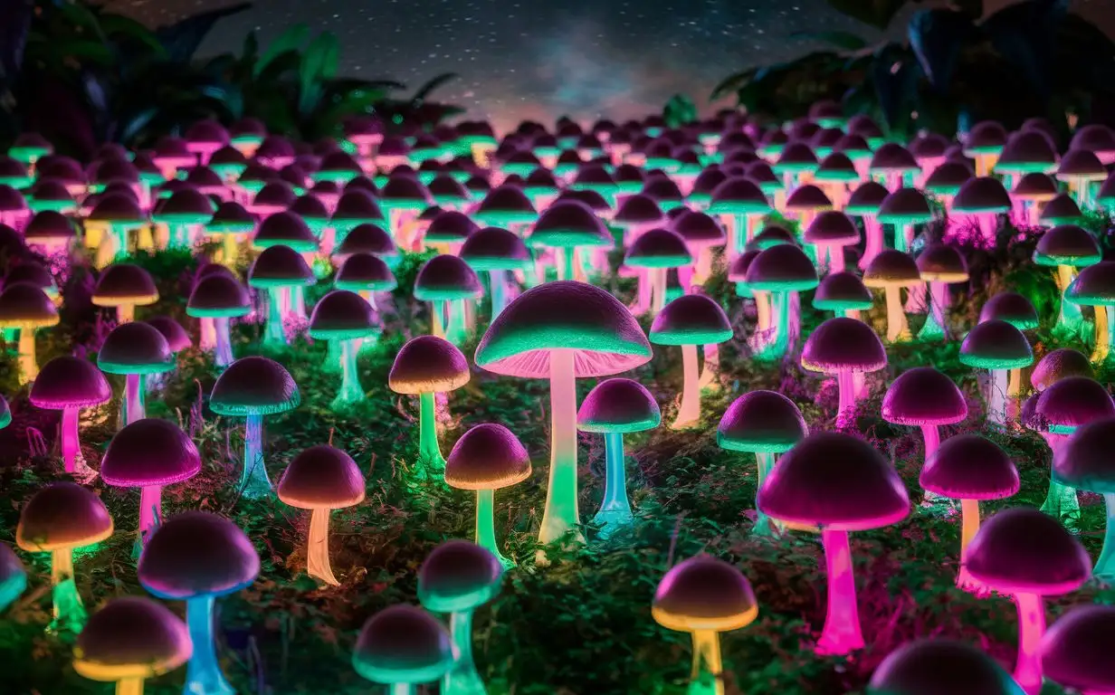 много магических маленьких грибов ,они все сияют разноцветными неоновыми красками
