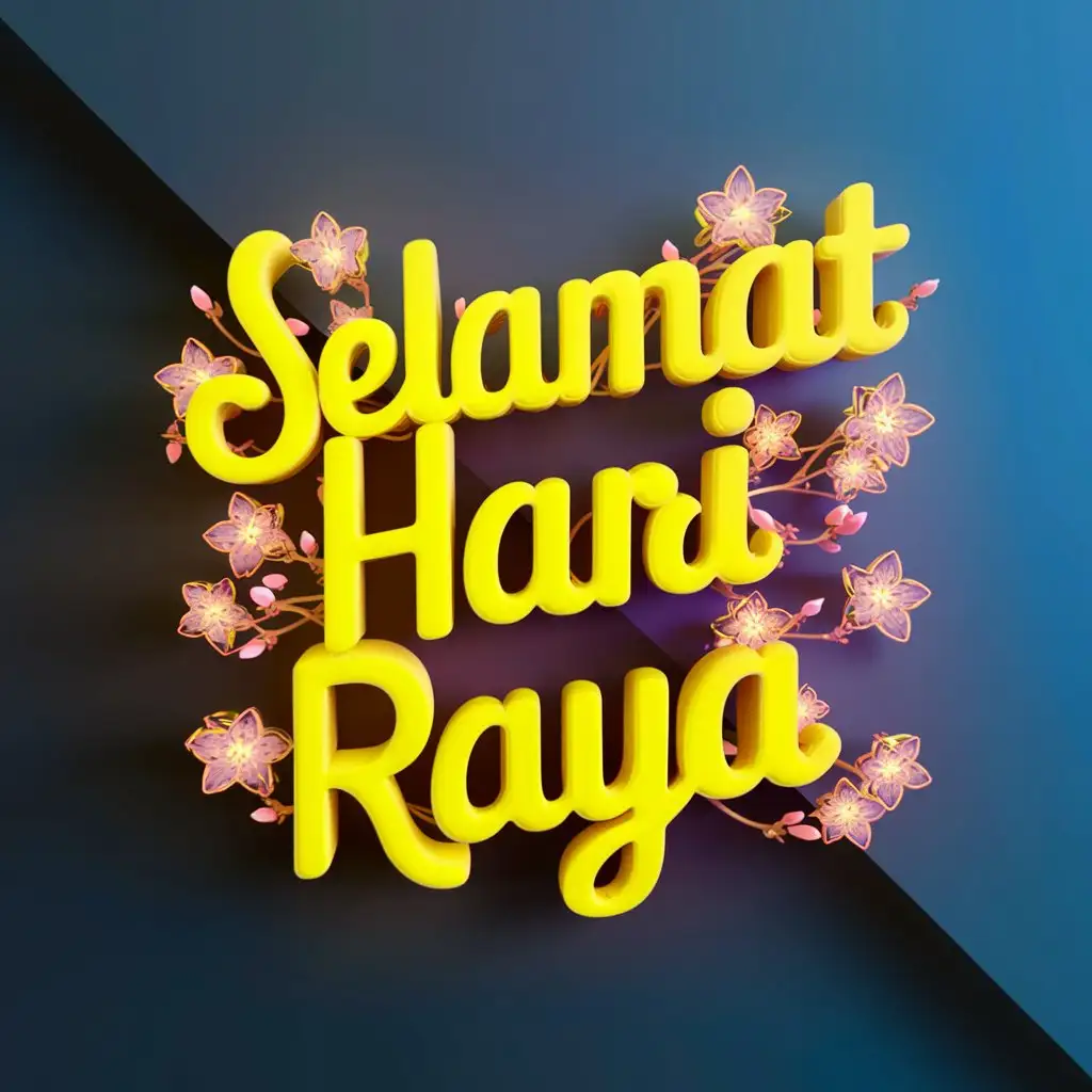 A 3D text "Selamat Hari Raya", in neon yellow, background colour is gradient black and blue. Deco by blossom sakura flower in neon pink.. 