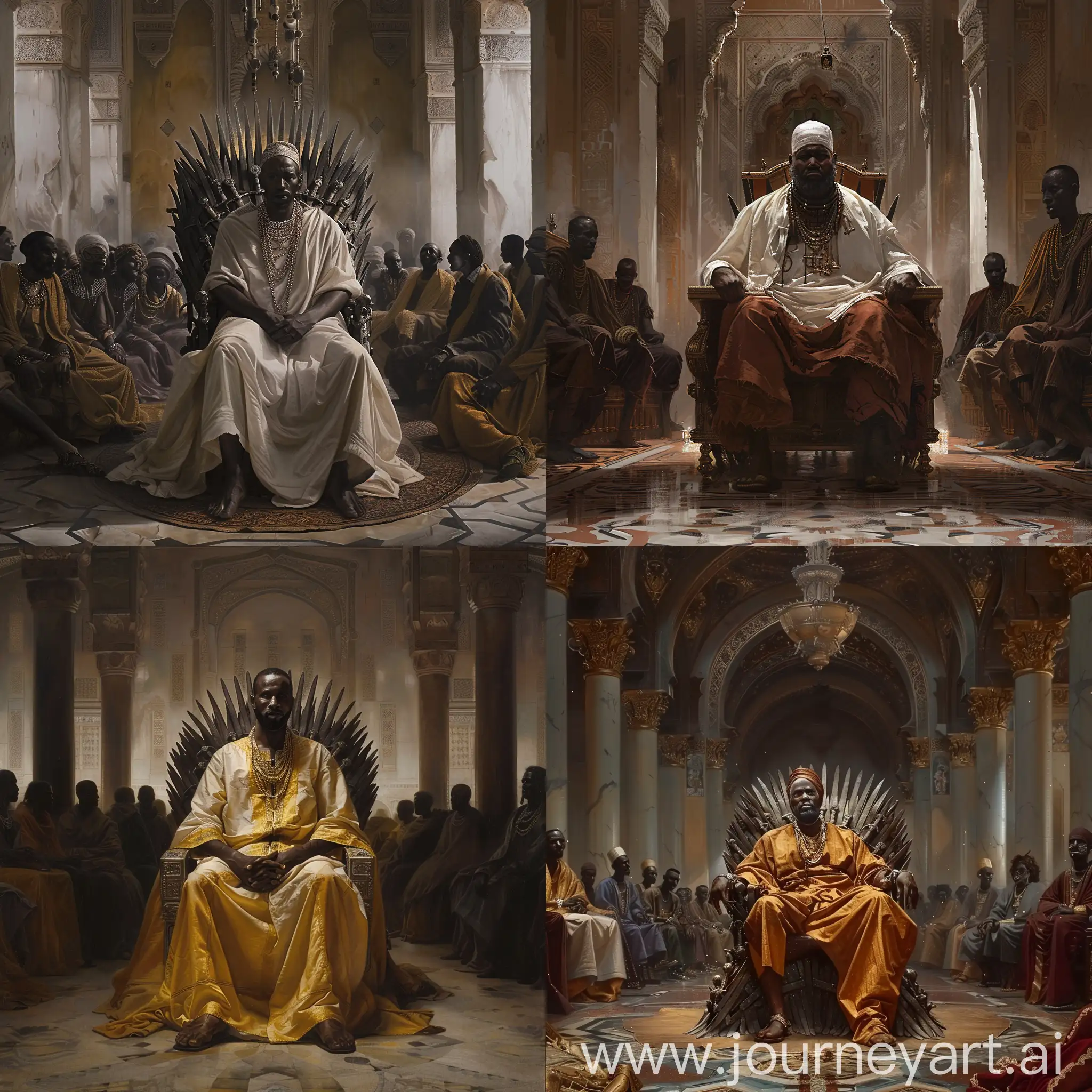 Mosaab Abdalla a Sudanese man sitting in a throne in a wide room with a room full of subjects in dark periods