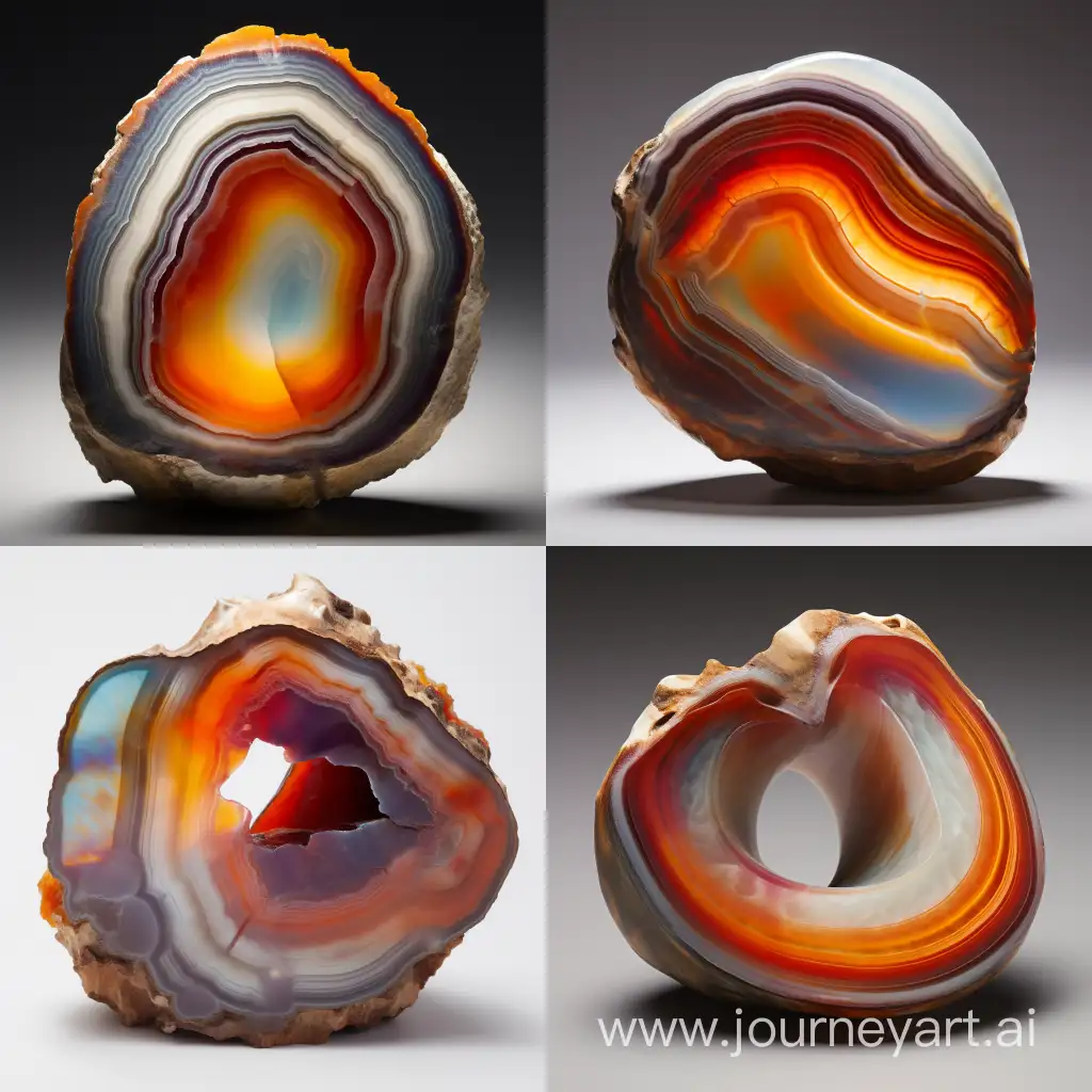 Large banded agate cut in half with rainbow banding displayed in an oyster shell