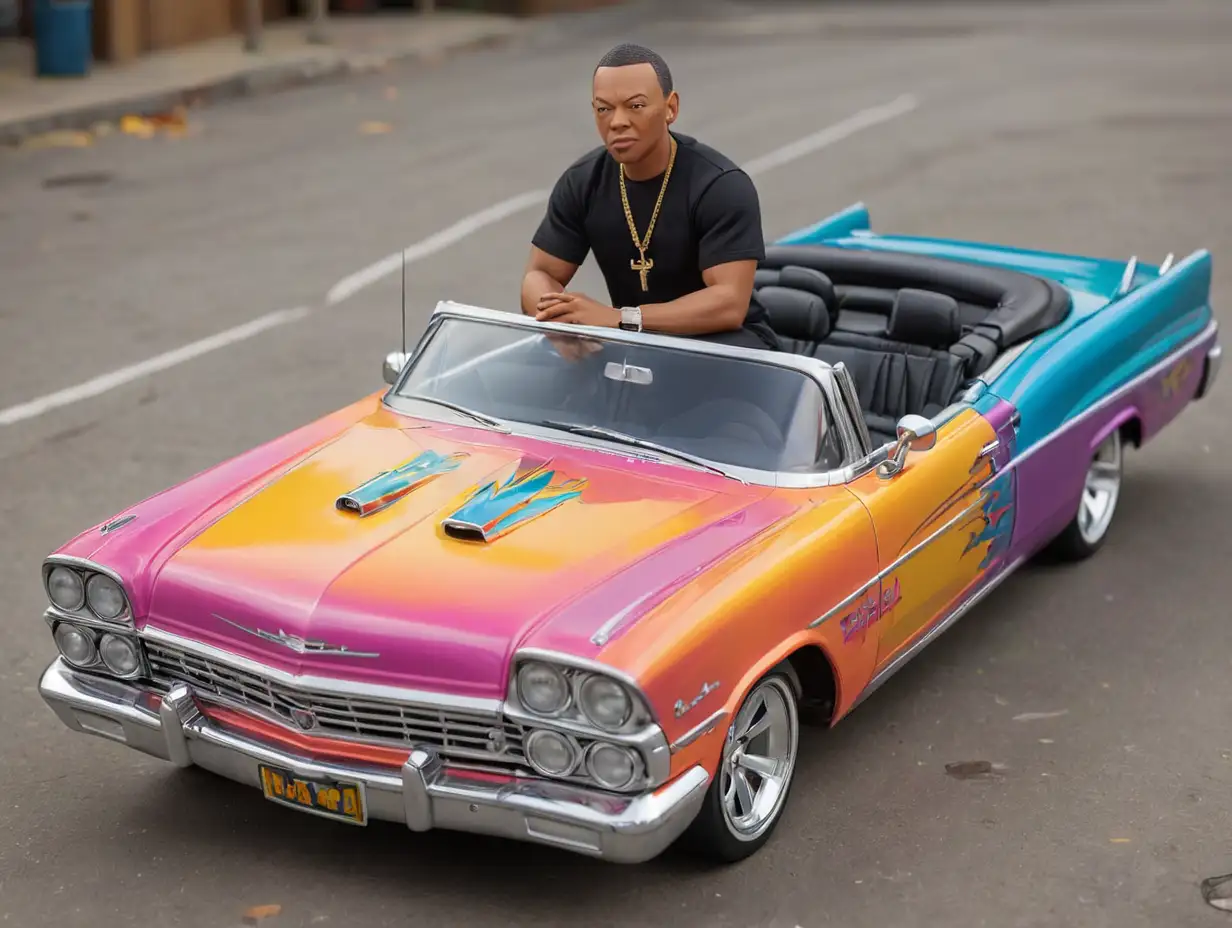 Dr Dre Riding a Colorful Toy Lowrider Convertible
