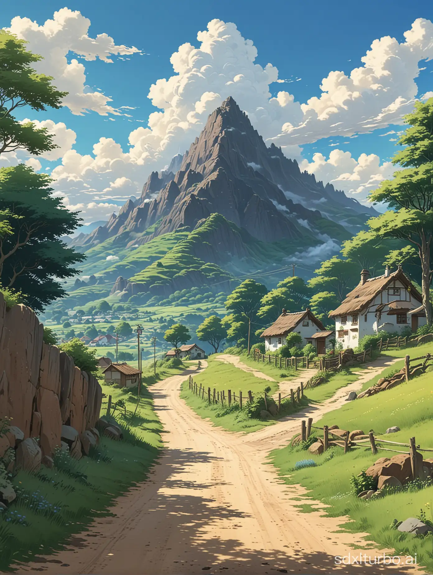 A dirt road leads towards a small village with a large mountain in the background.Studio Ghibli anime style,fluppy white clouds,blue sky