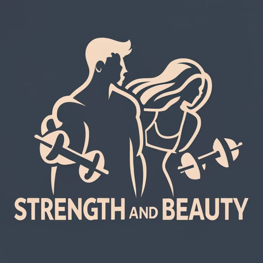 logo, the silhouette of a beautiful athletic body of a guy and a girl with dumbbells in their hands, with the text "strength and beauty", typography, be used in Entertainment industry